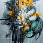 Regal Woman in Gold Armor with Teal Dragon in Fantasy Scene