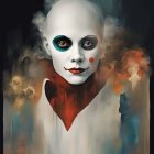 Surreal Figure with White Face and Eerie Skeletons