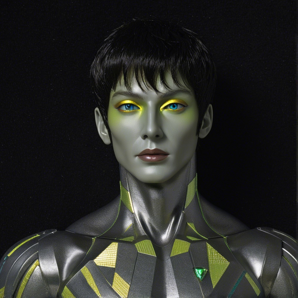 Futuristic humanoid figure with metallic skin and patterns