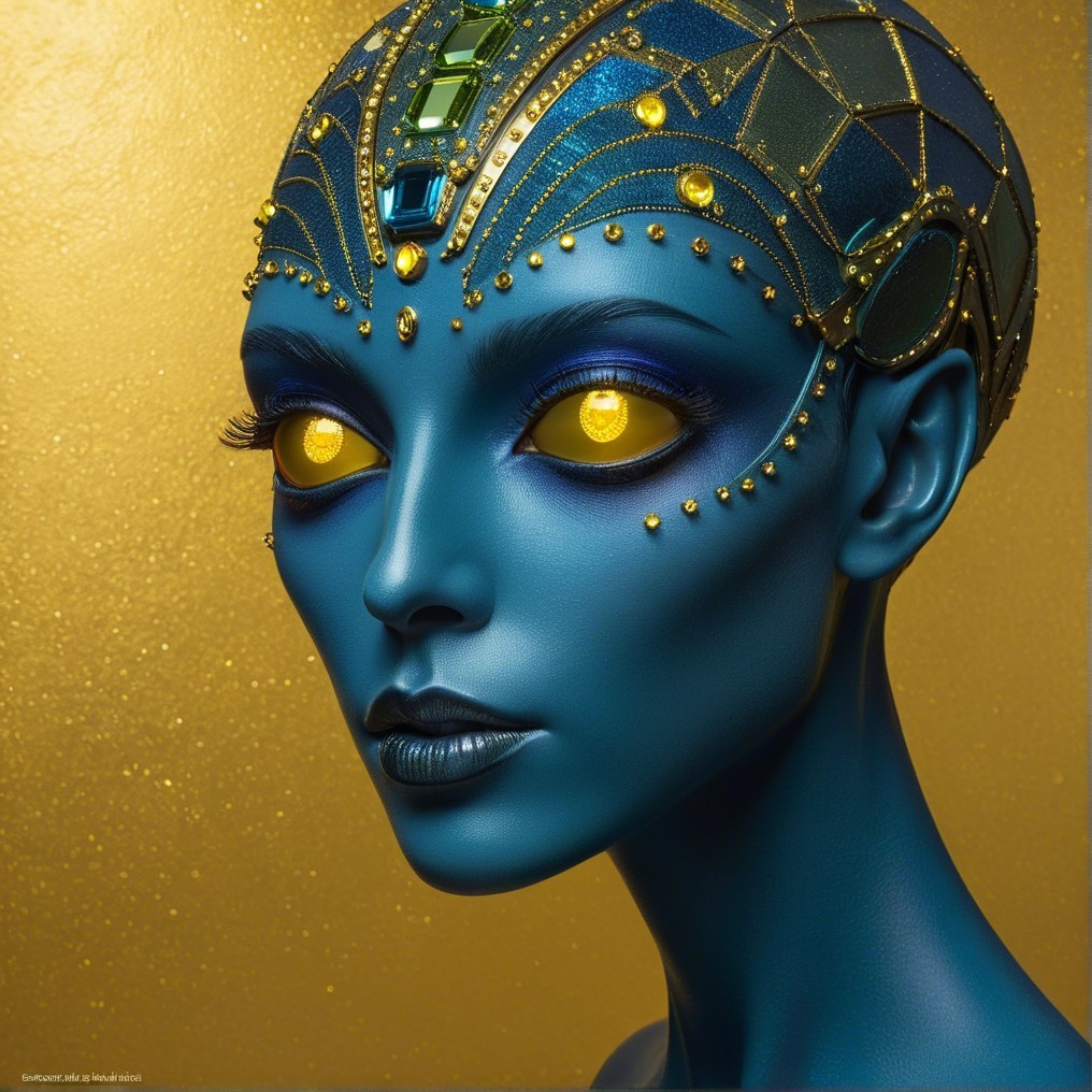 Futuristic Character with Blue Skin and Gold Accents