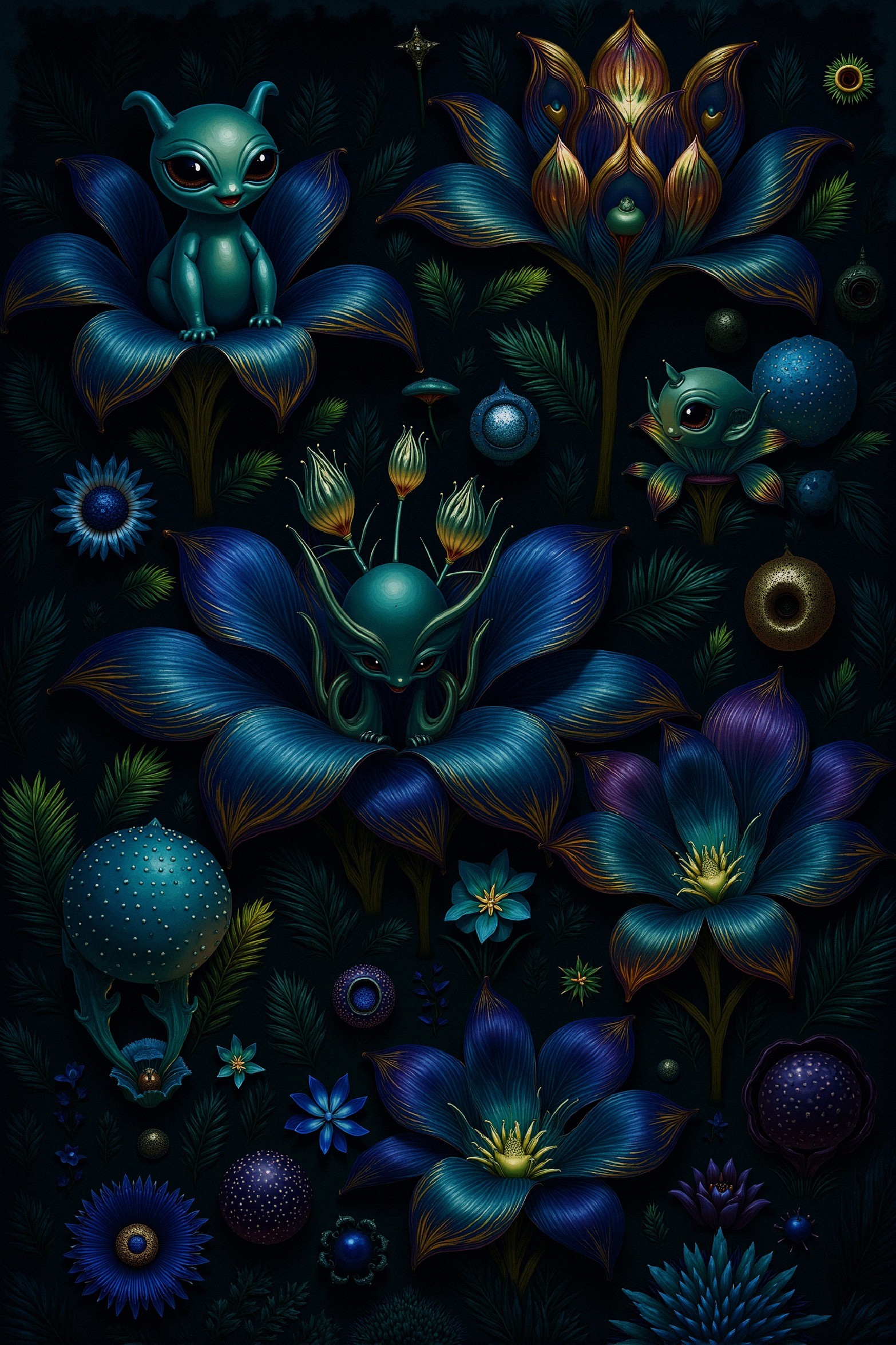 Surreal Garden with Stylized Flora and Whimsical Creatures