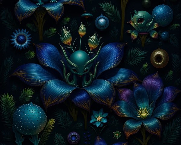 Surreal Garden with Stylized Flora and Whimsical Creatures