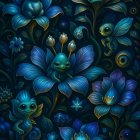 Surreal Garden with Stylized Flora and Whimsical Creatures