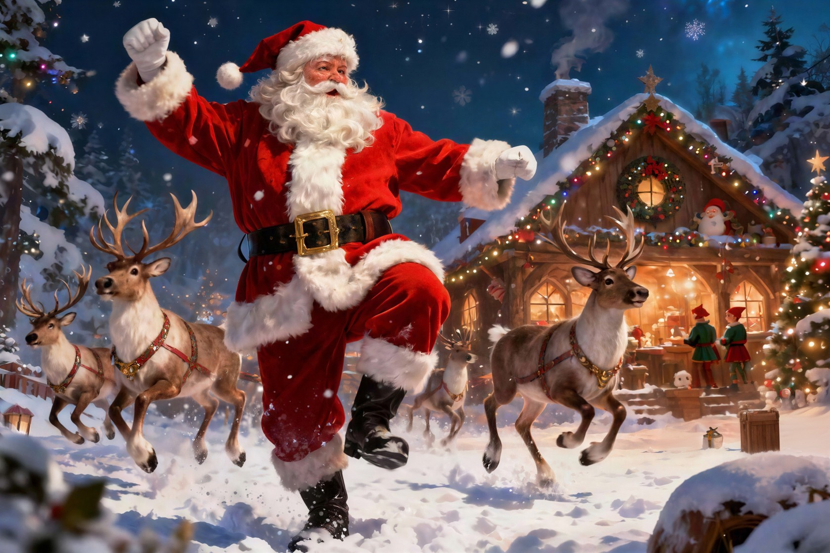 Vibrant Oil Painting of Santa Claus Dancing in Snow