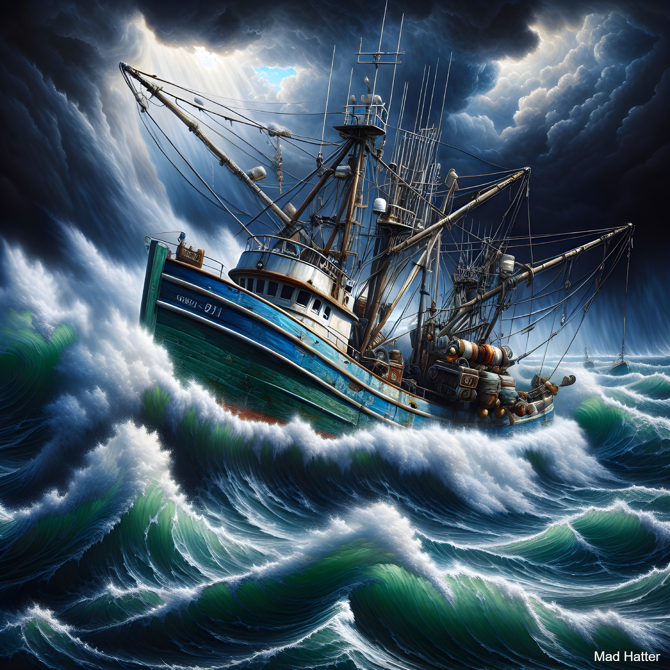 Fishing Vessel Navigating Stormy Seas and Dark Skies