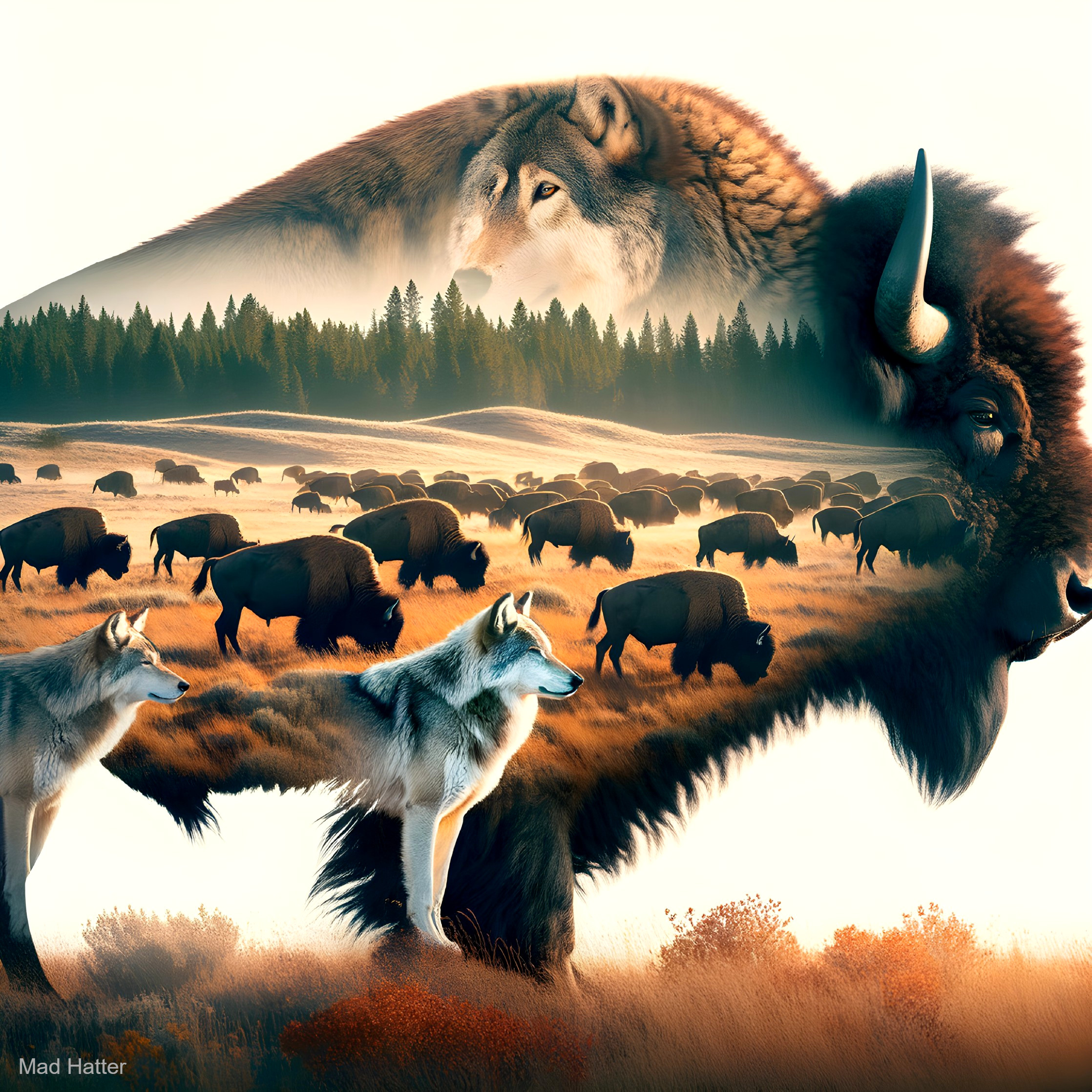 Double Exposure of Bison and Wolves in Landscape