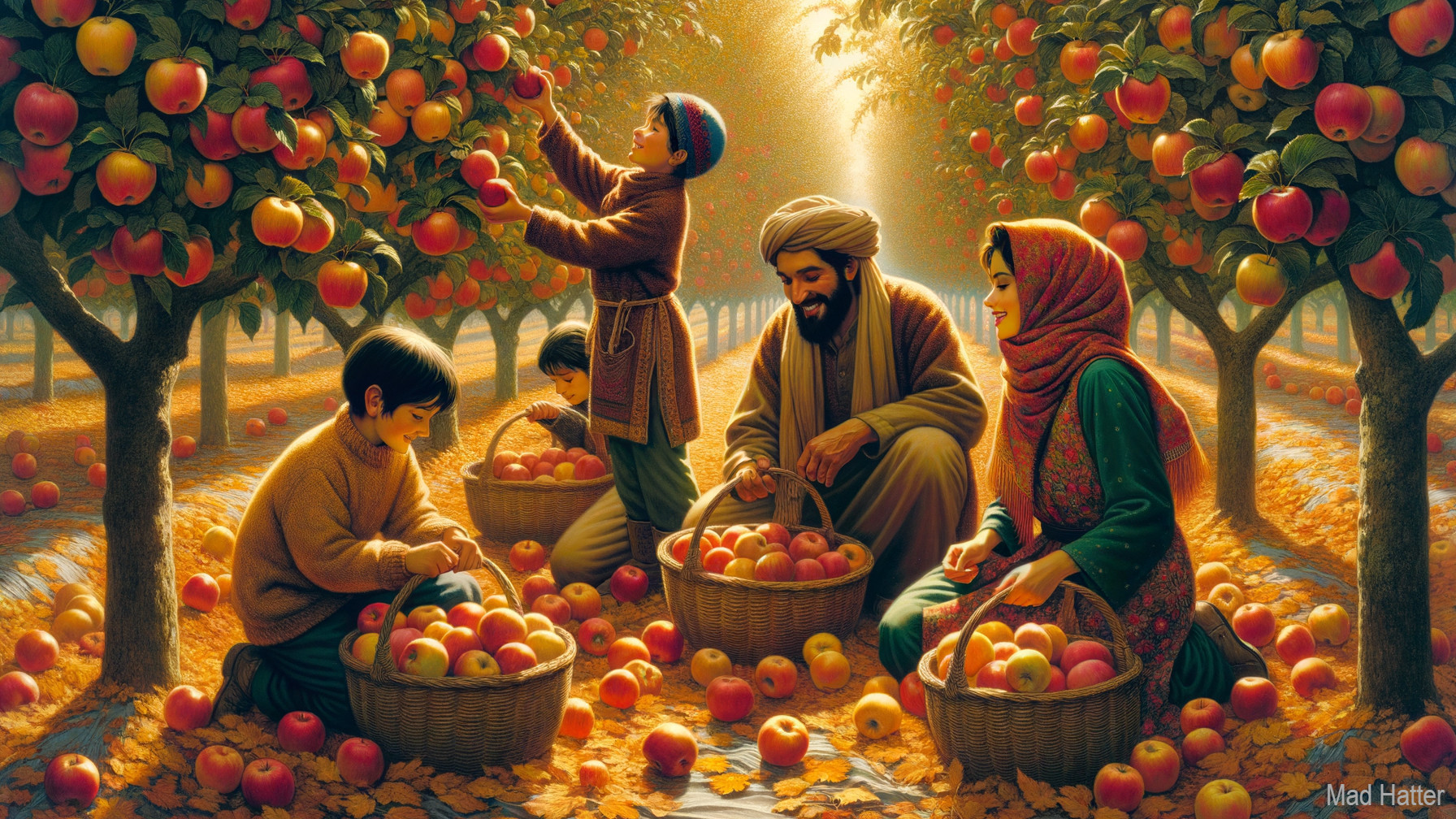 Family Harvesting Apples in a Sunlit Orchard