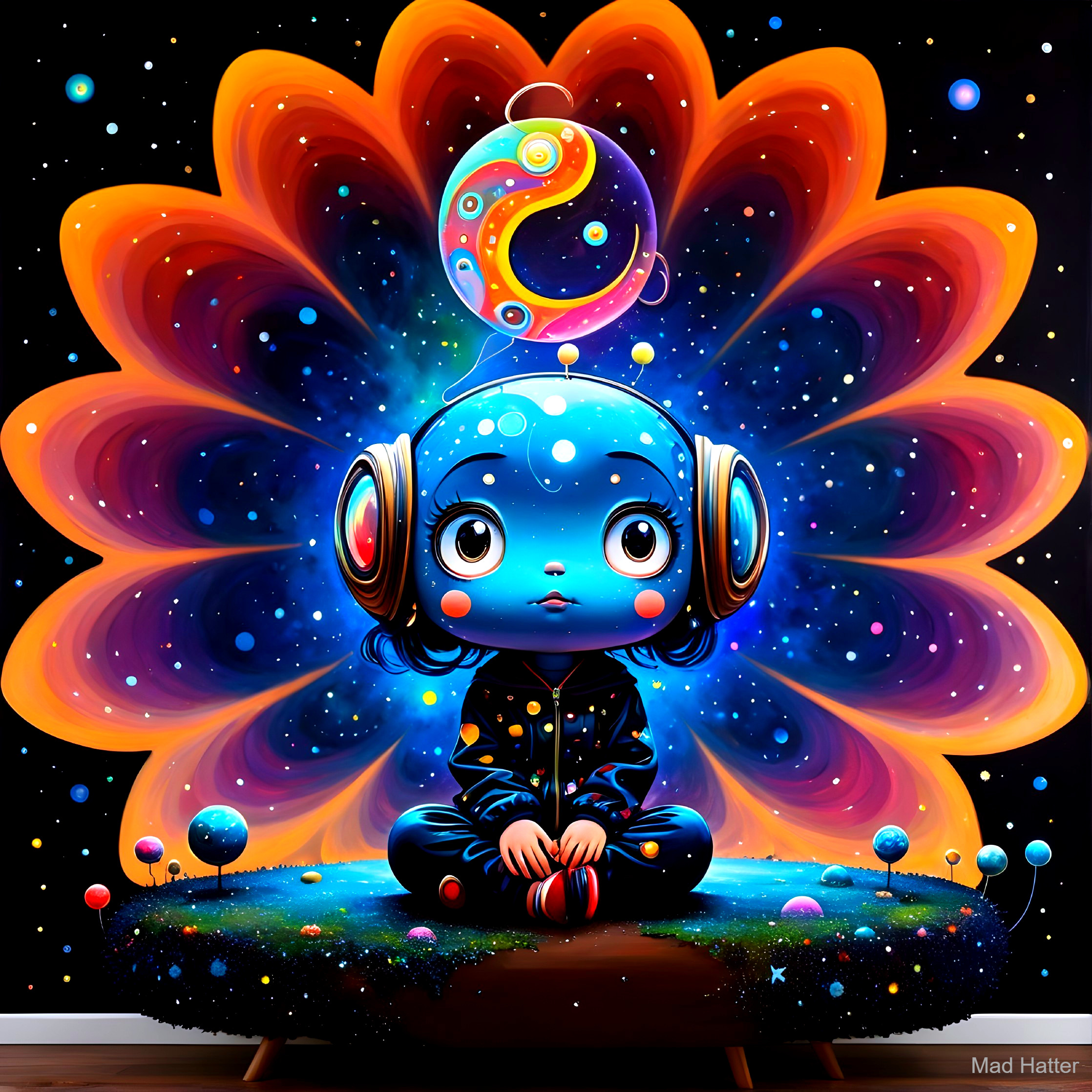 Whimsical Blue-Skinned Character in Cosmic Setting