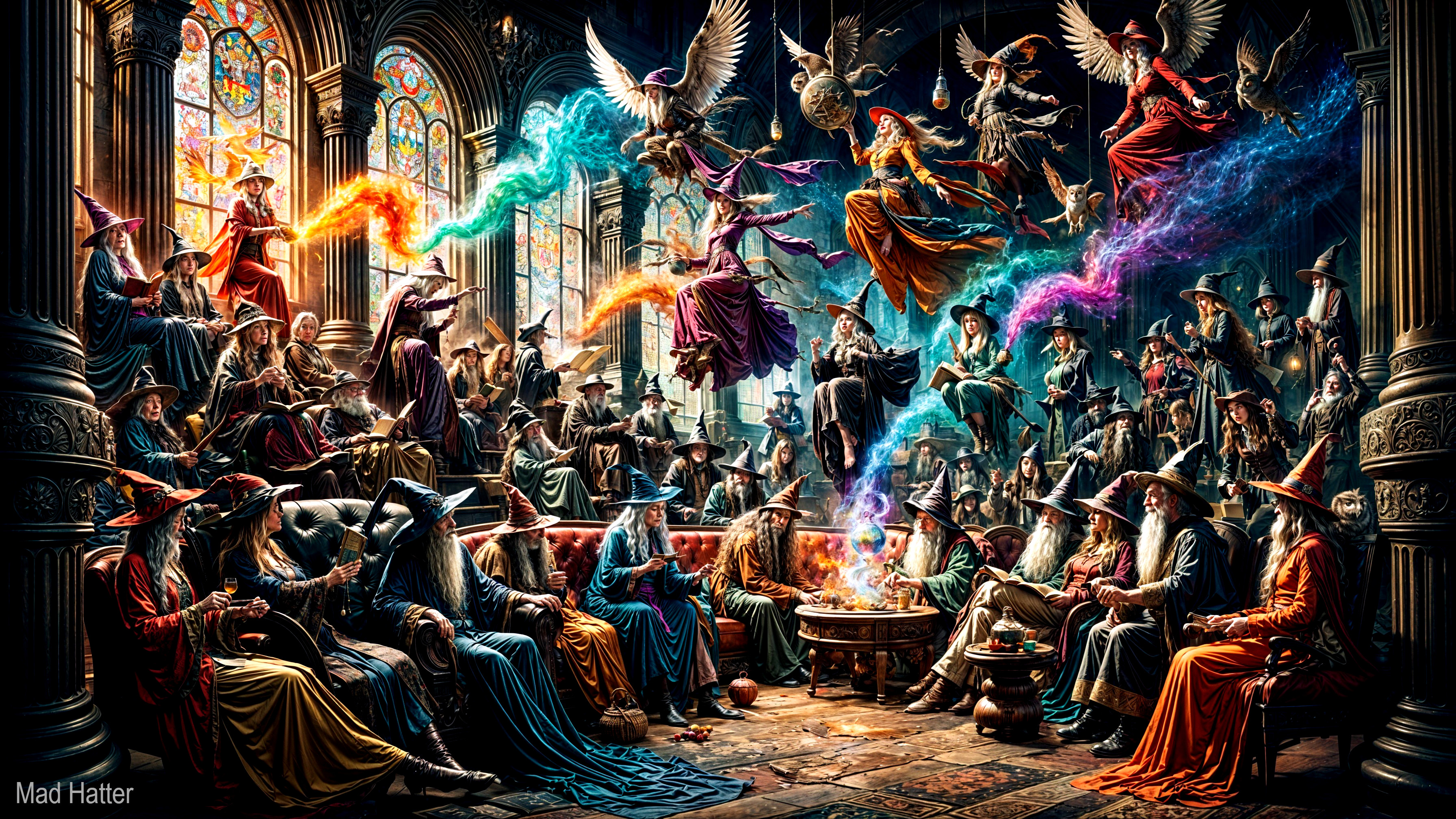 Gathering of Wizards and Witches in a Mystical Hall