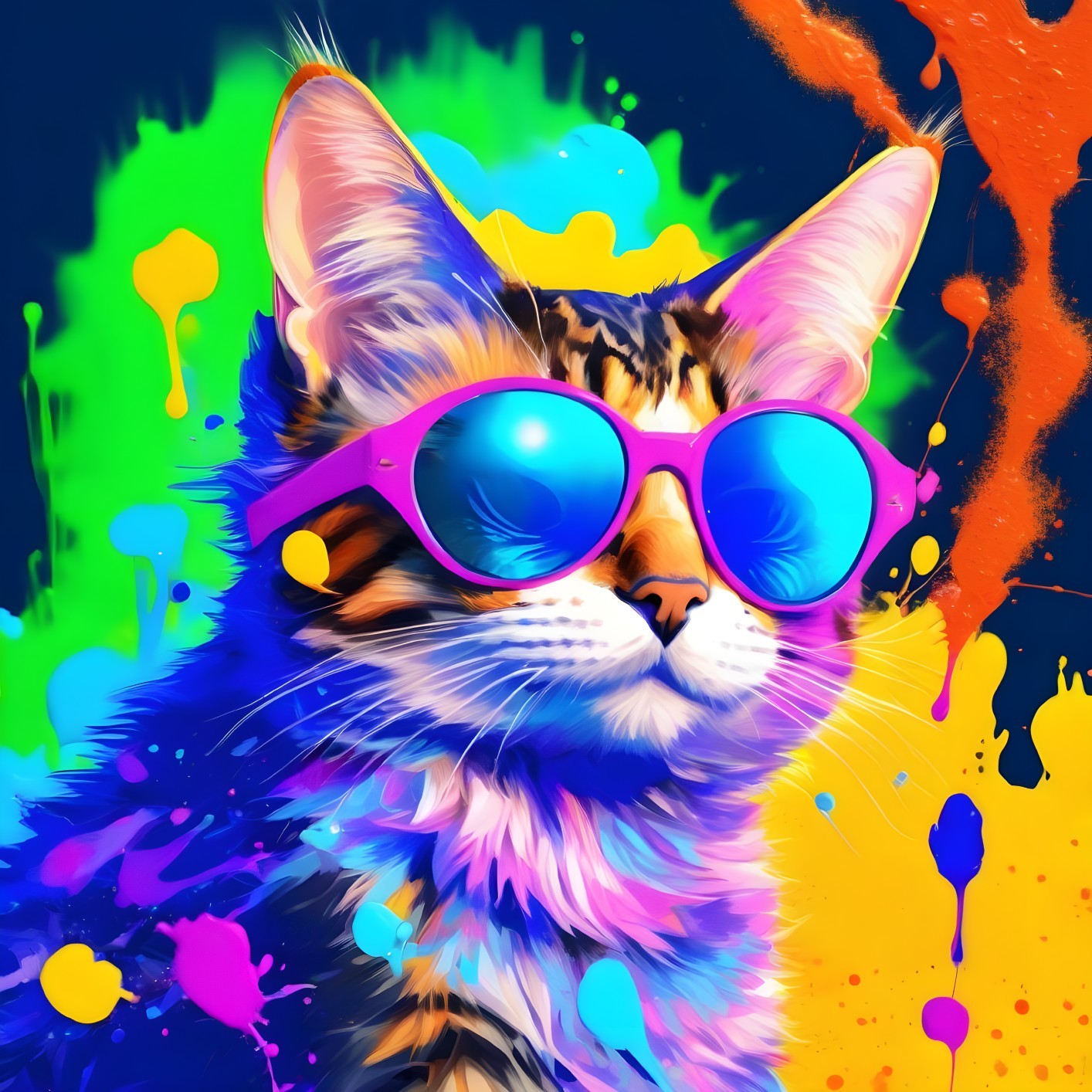 Colorful digital artwork: Cat with pink sunglasses in vibrant setting