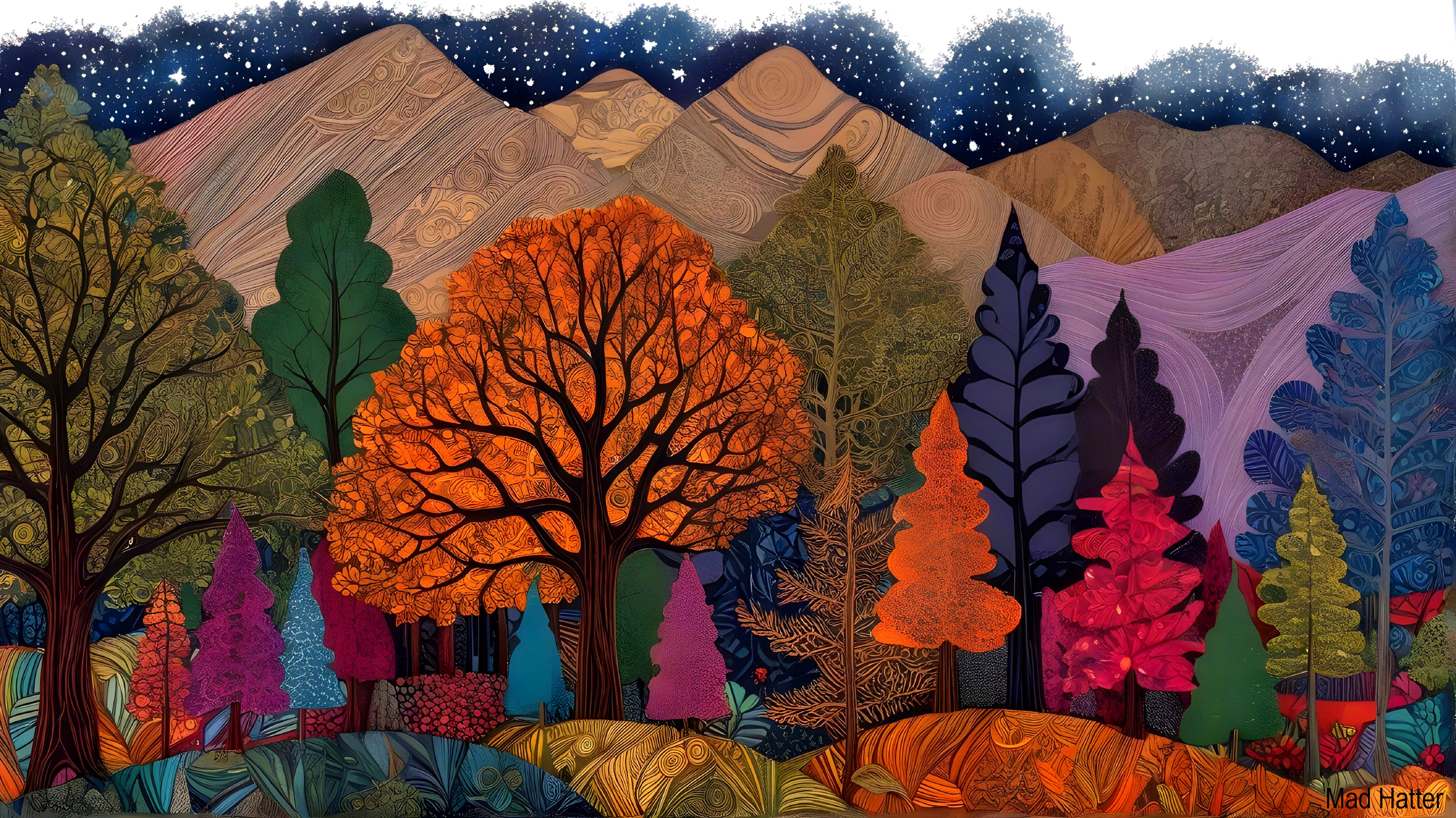 Vibrant Autumn Landscape with Trees and Mountains