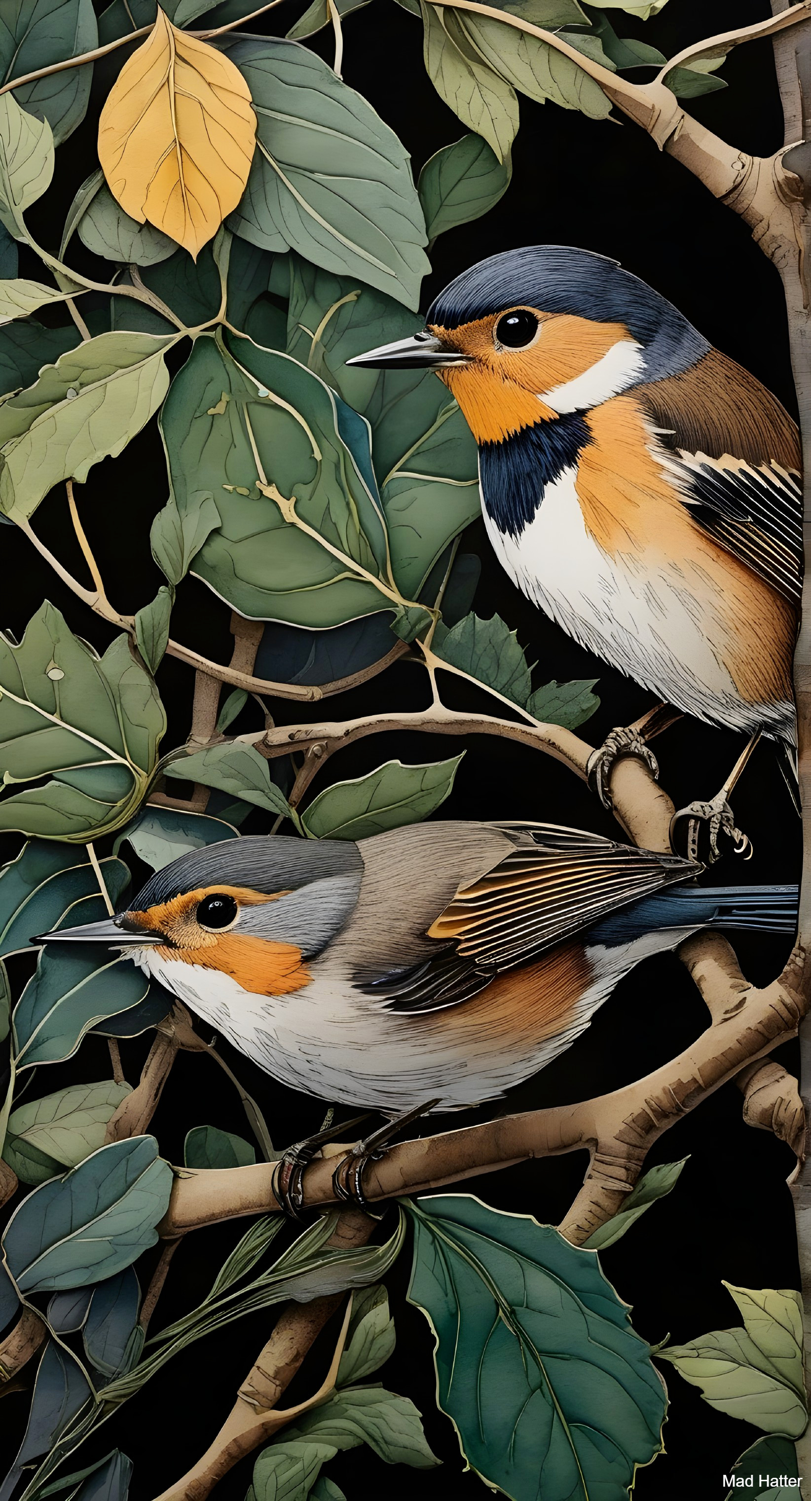 Illustration of Colorful Birds Among Green Foliage