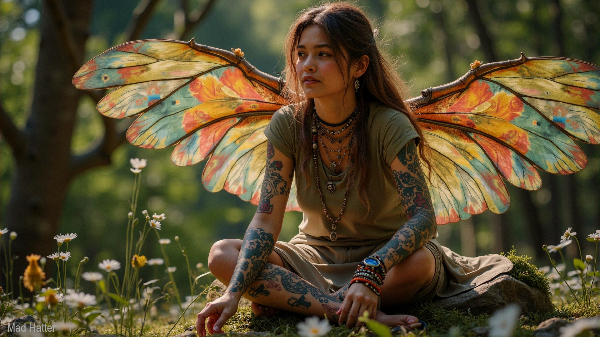 Young woman with butterfly wings in wildflower setting