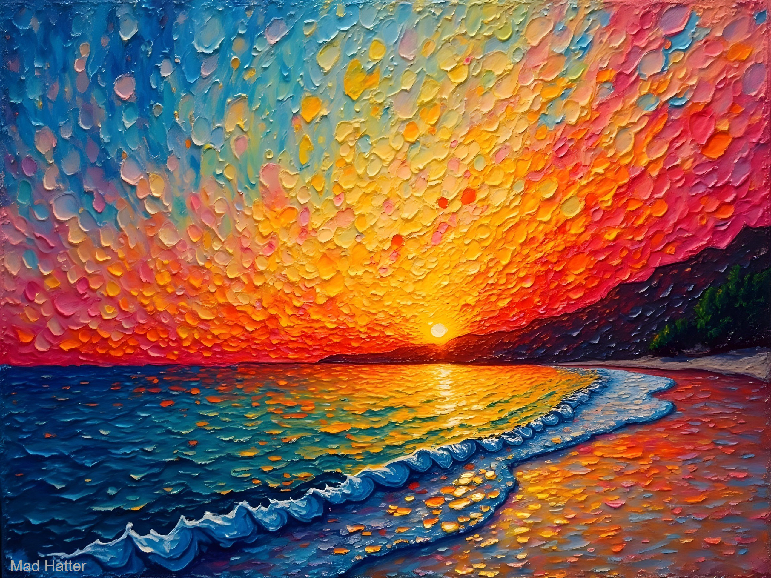 Vibrant Sunset Over Ocean with Textured Strokes