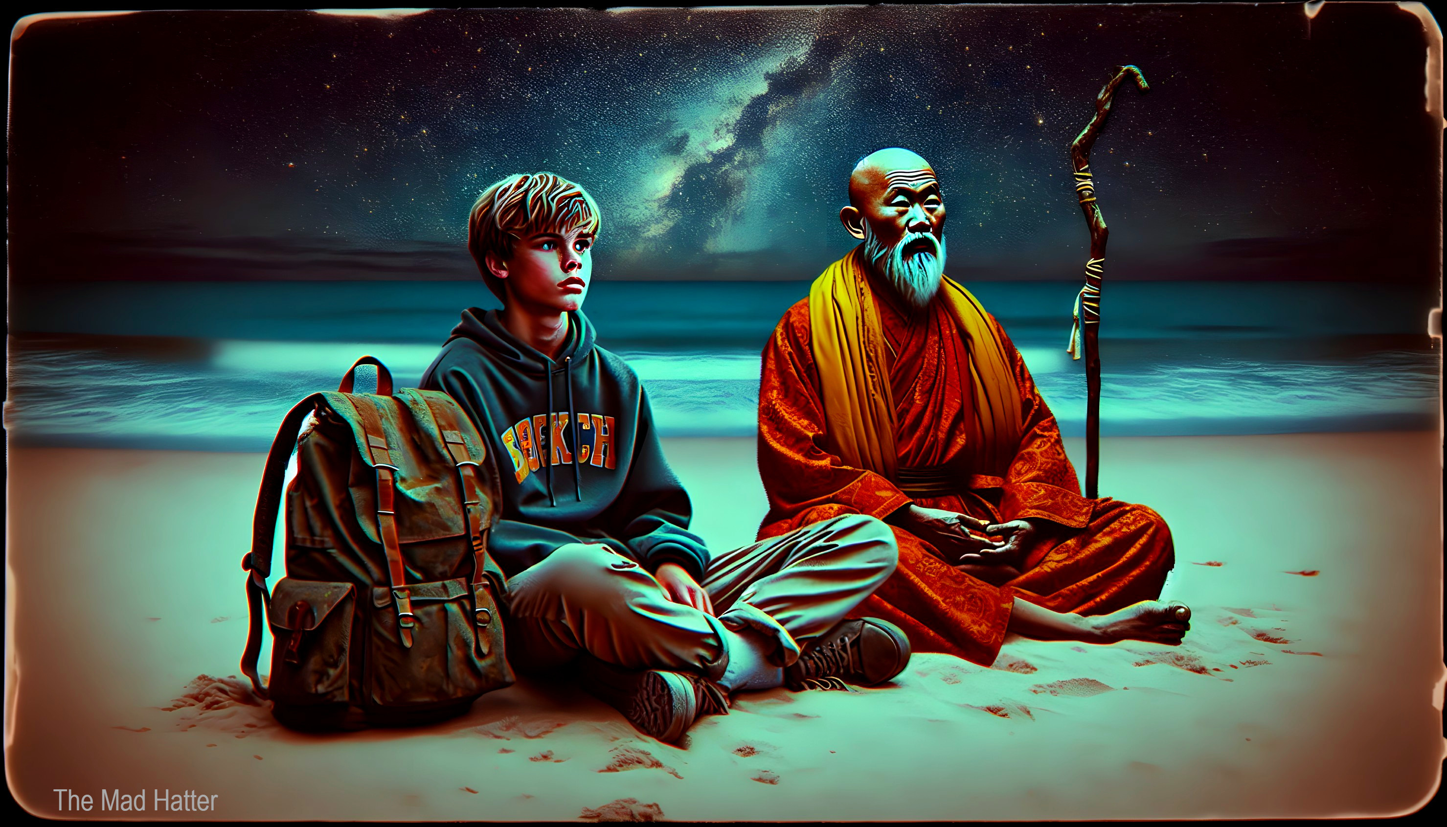 Beach Scene with Monk and Contemplative Boy