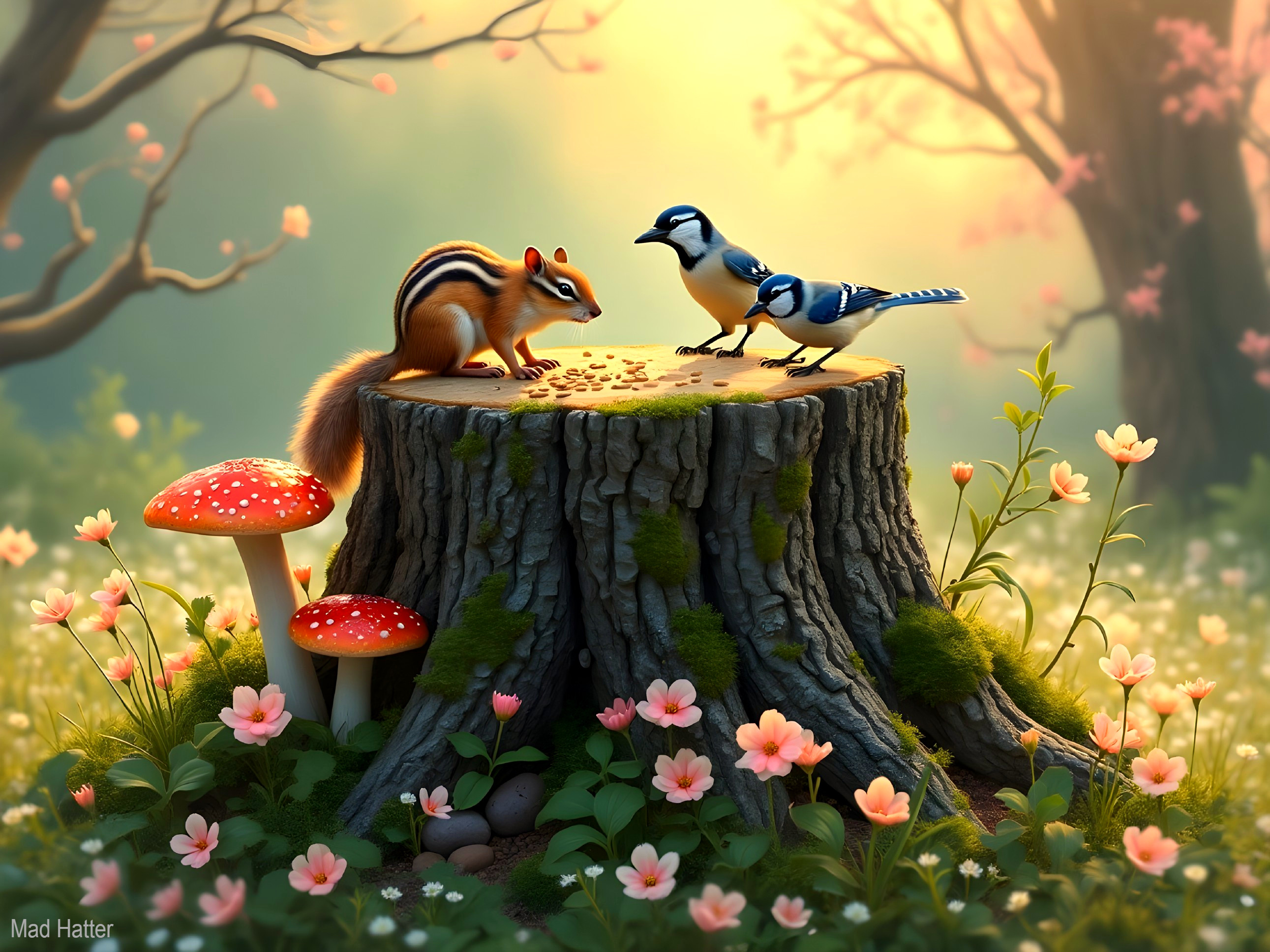 Woodland Scene with Chipmunk and Blue Jays