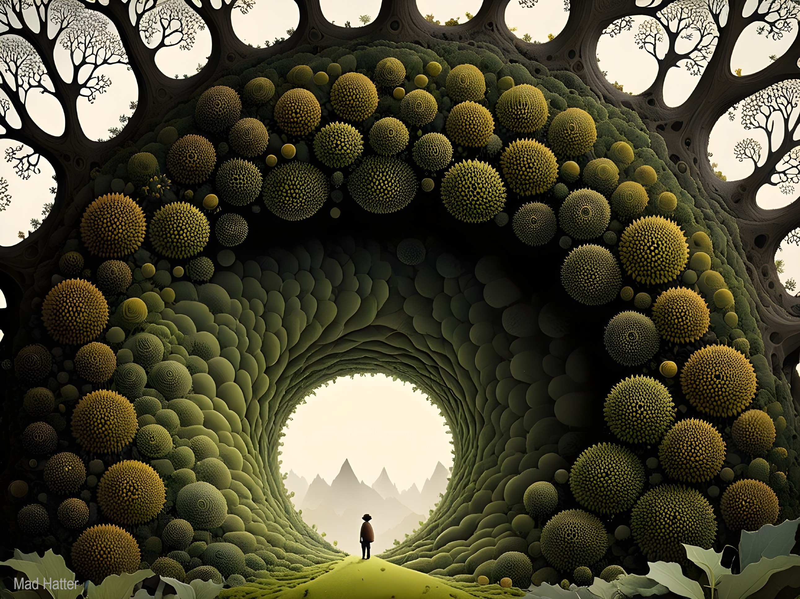 Surreal Landscape with Circular Tunnel and Mountains