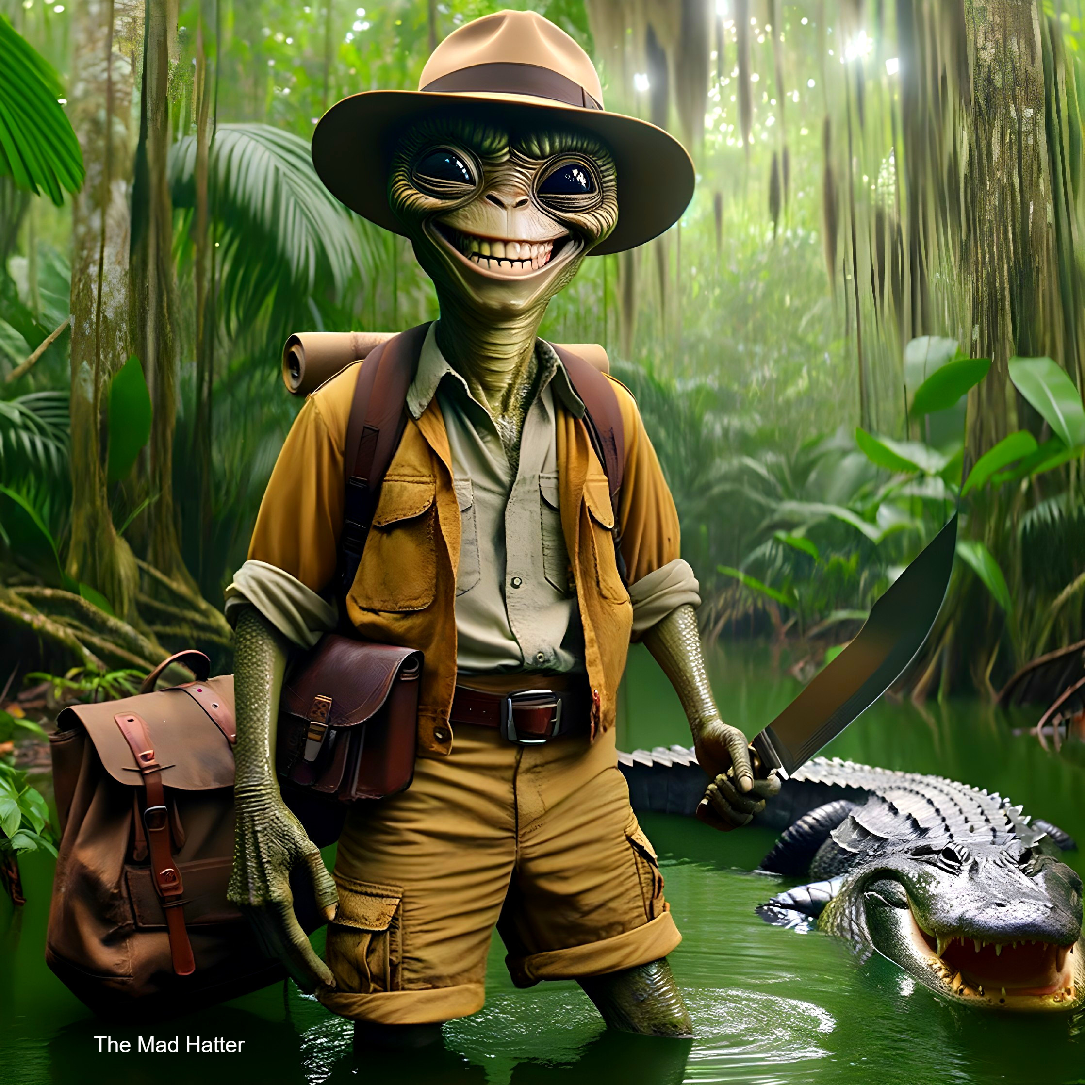Cheerful Explorer Creature in Jungle with Crocodile