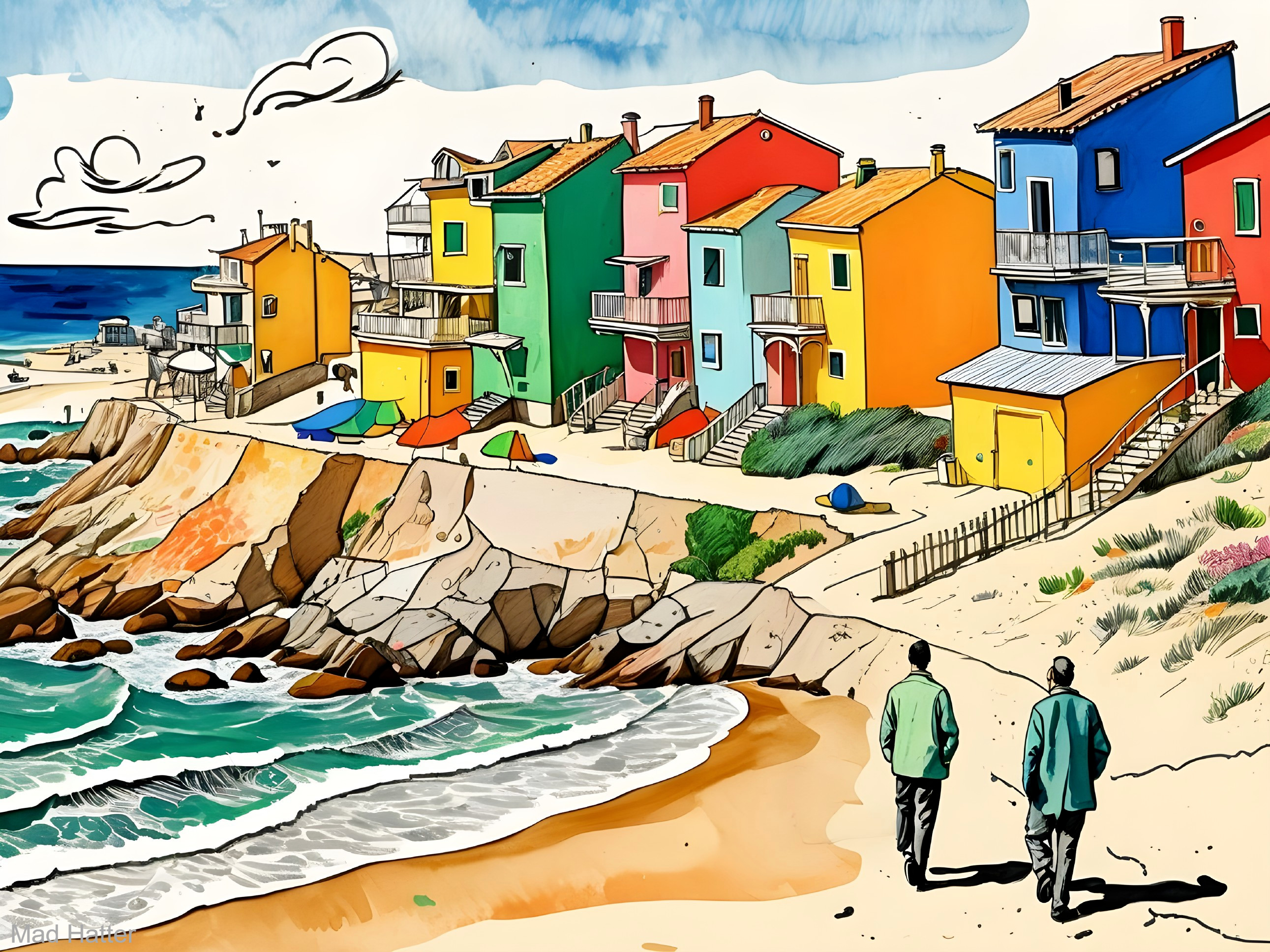 Figures Walking on Beach with Colorful Cliffside Houses