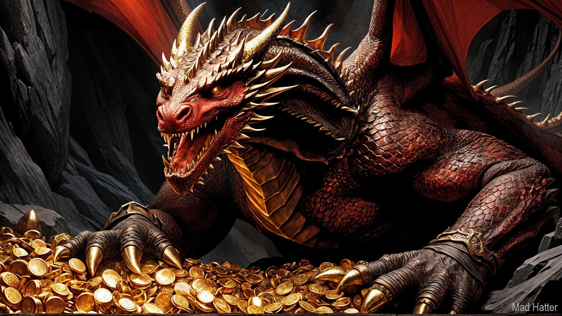 Majestic dragon atop gold coins in rocky cavern