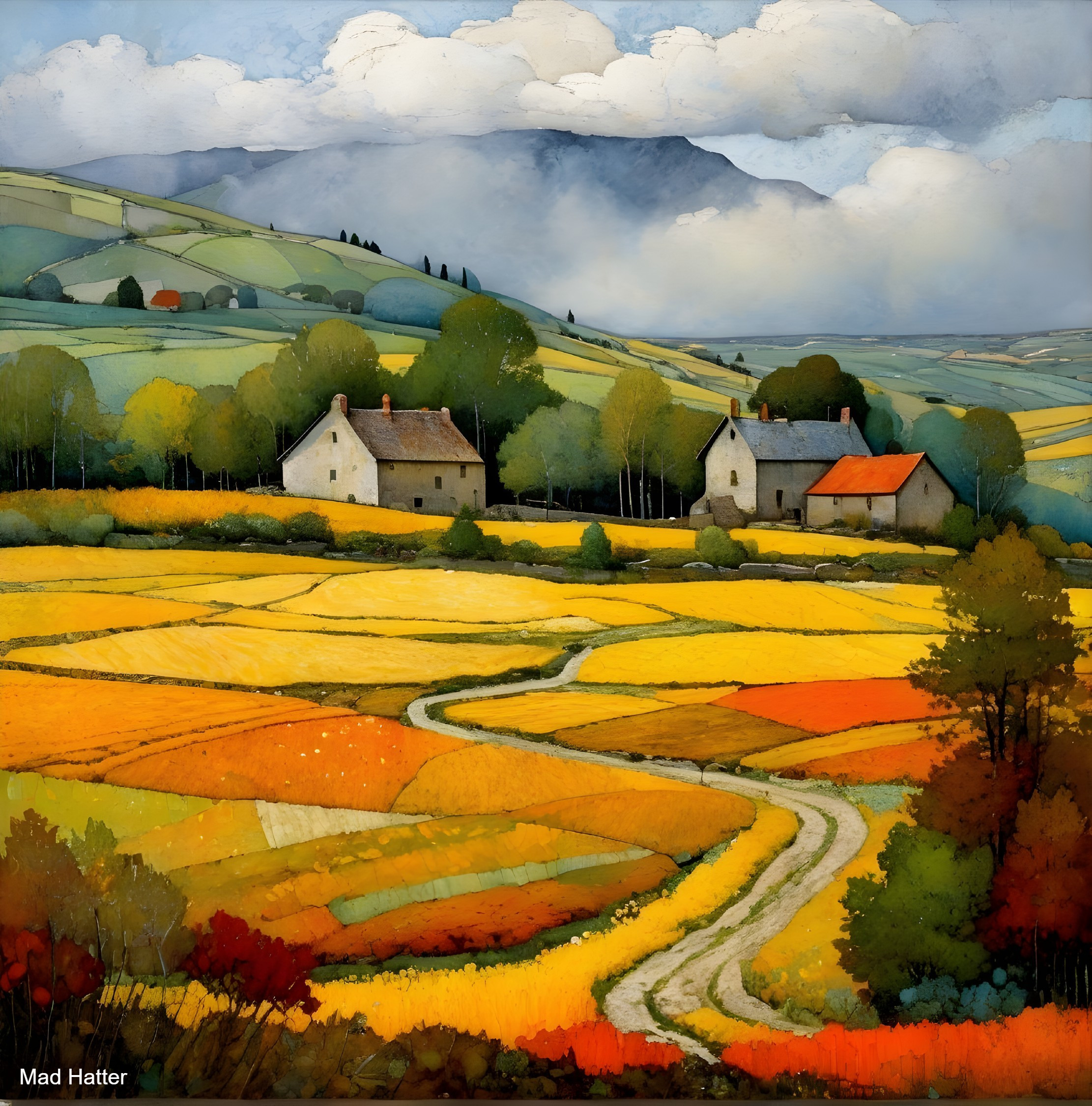 Vibrant Countryside with Rolling Hills and Houses