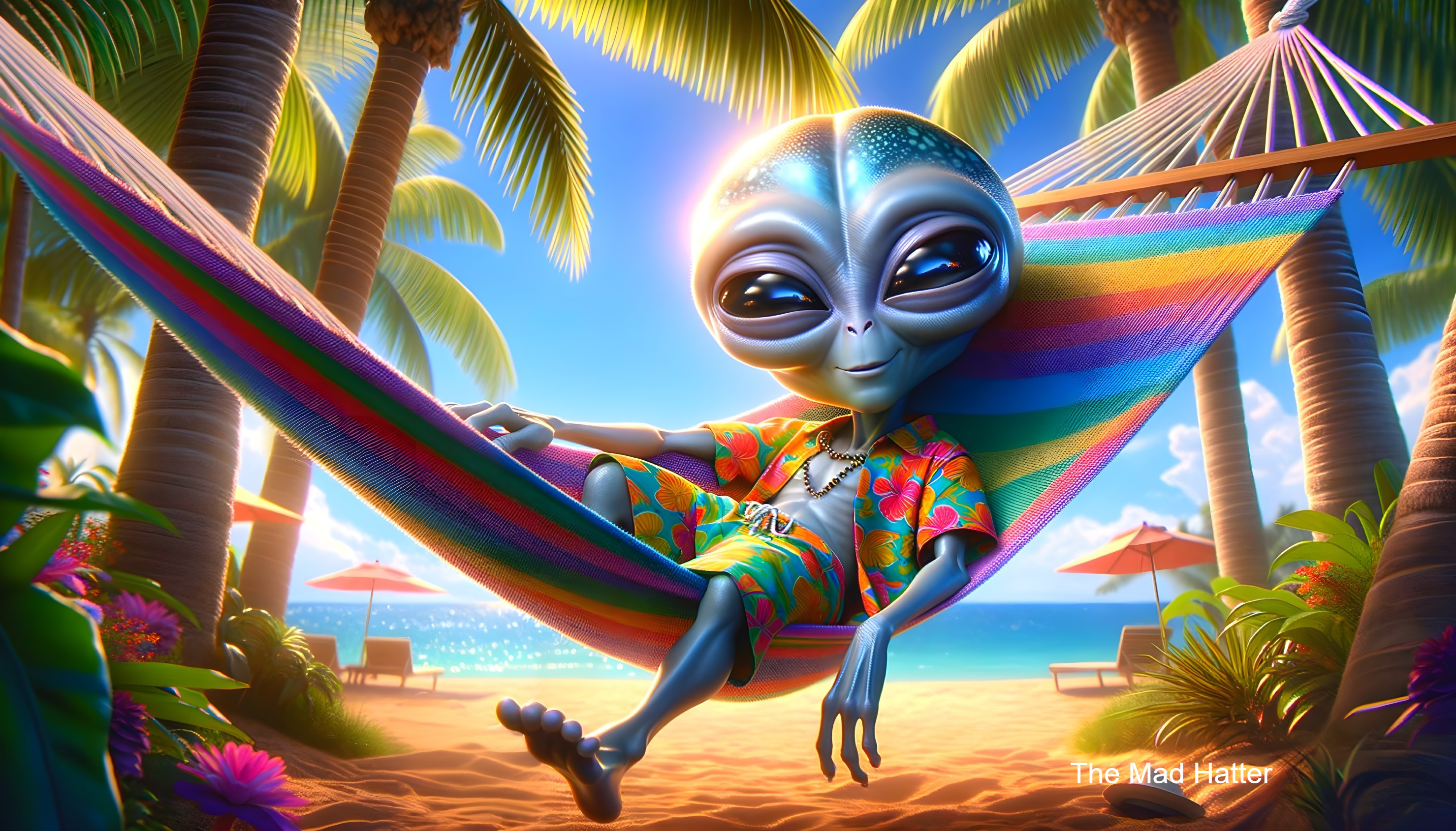 Animated Alien Relaxing in Rainbow Hammock on Beach