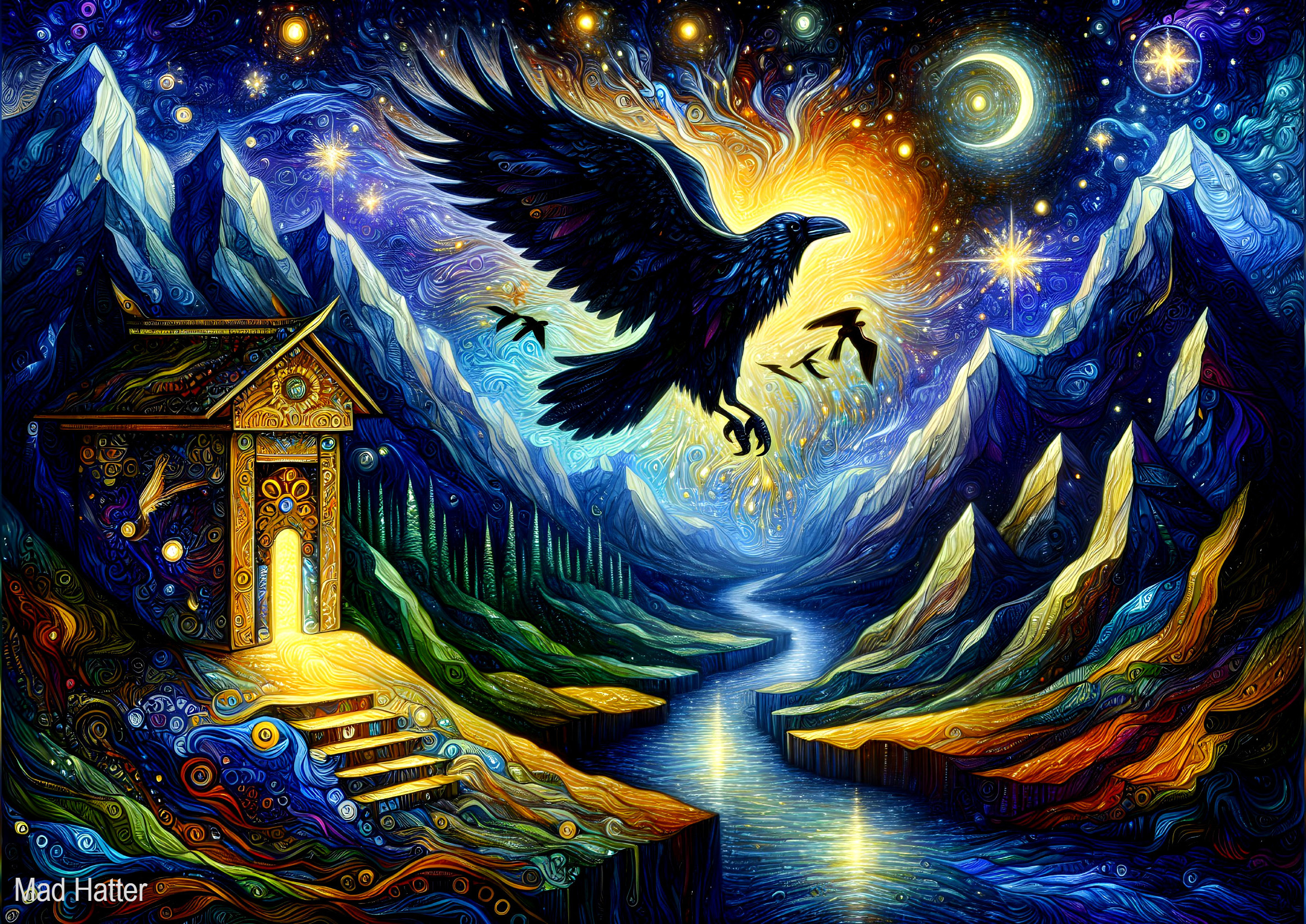 Surreal Landscape with Raven and Cosmic Elements