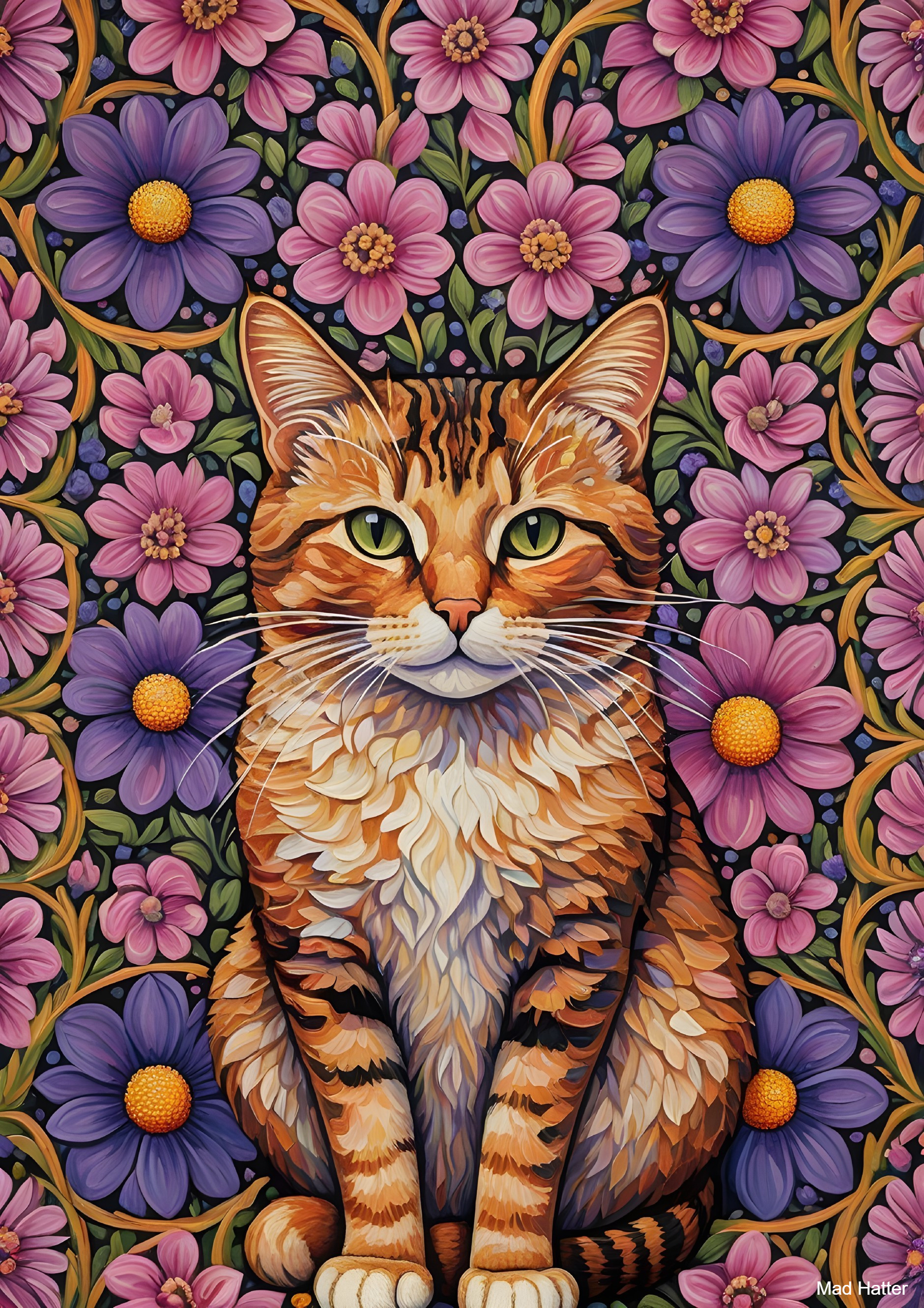Stylized Illustration of a Cat with Floral Background