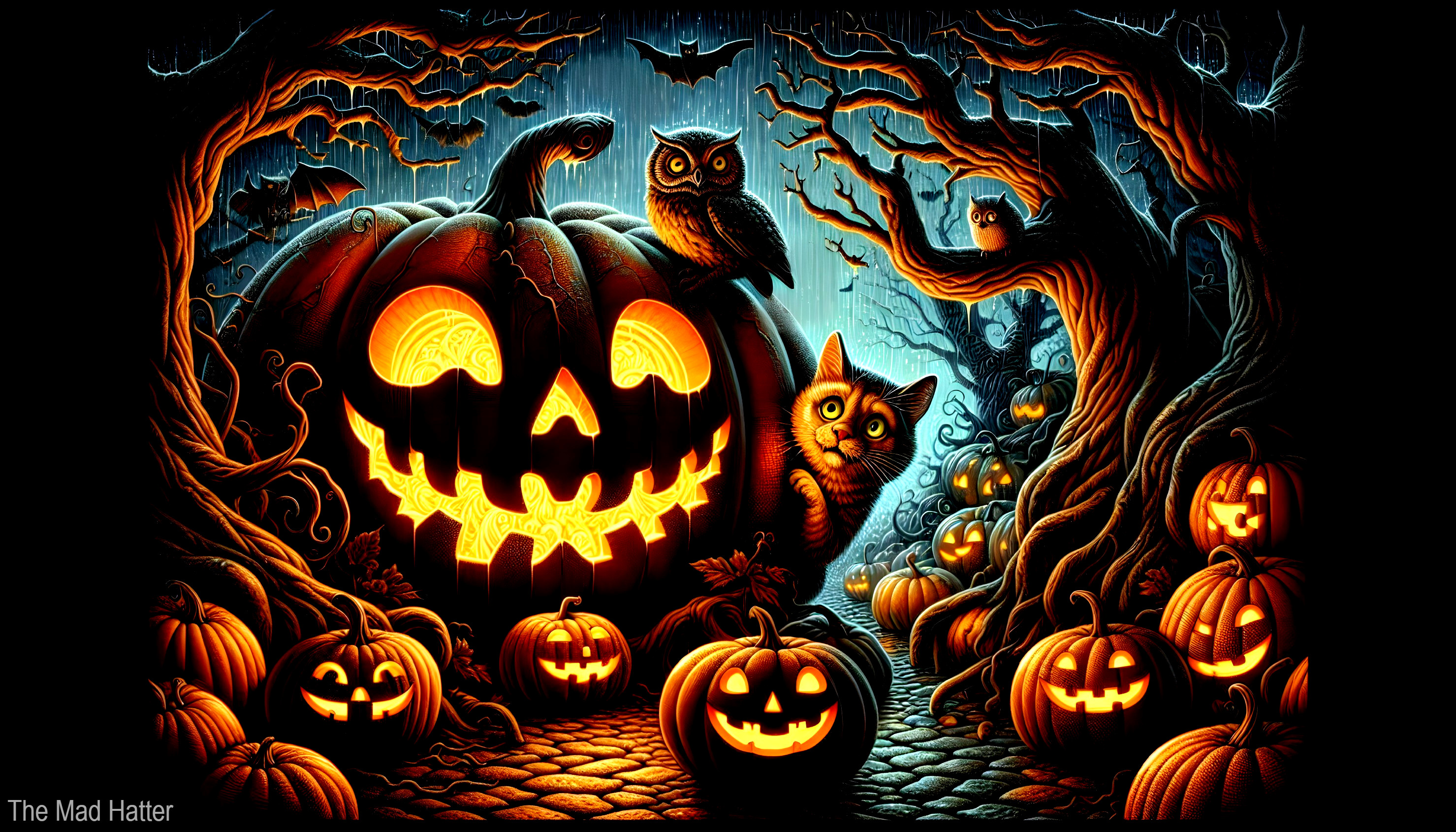 Spooky Halloween Scene with Jack-o'-Lanterns and Bats