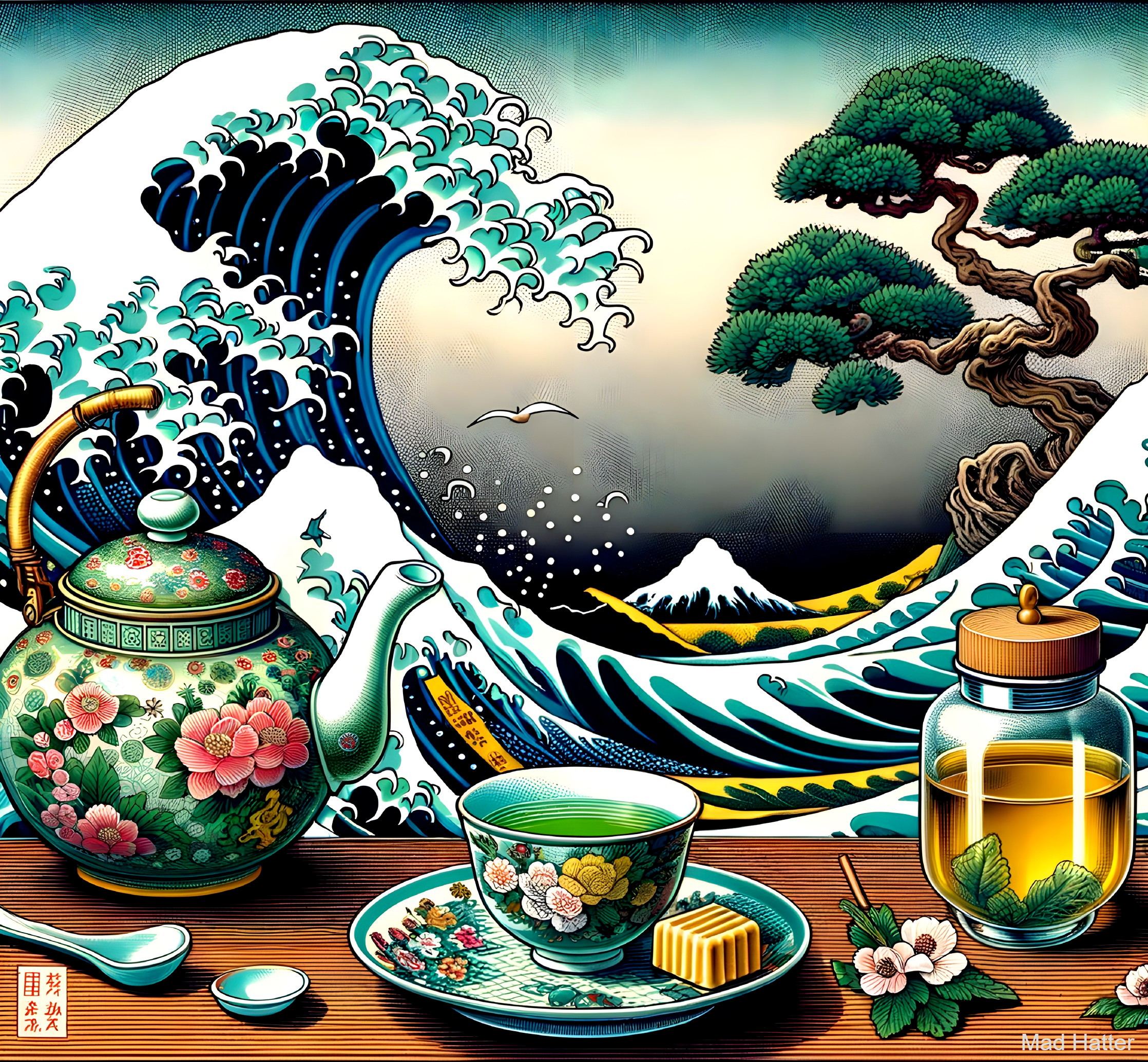 Vibrant Wave Artwork with Teapot and Mount Fuji