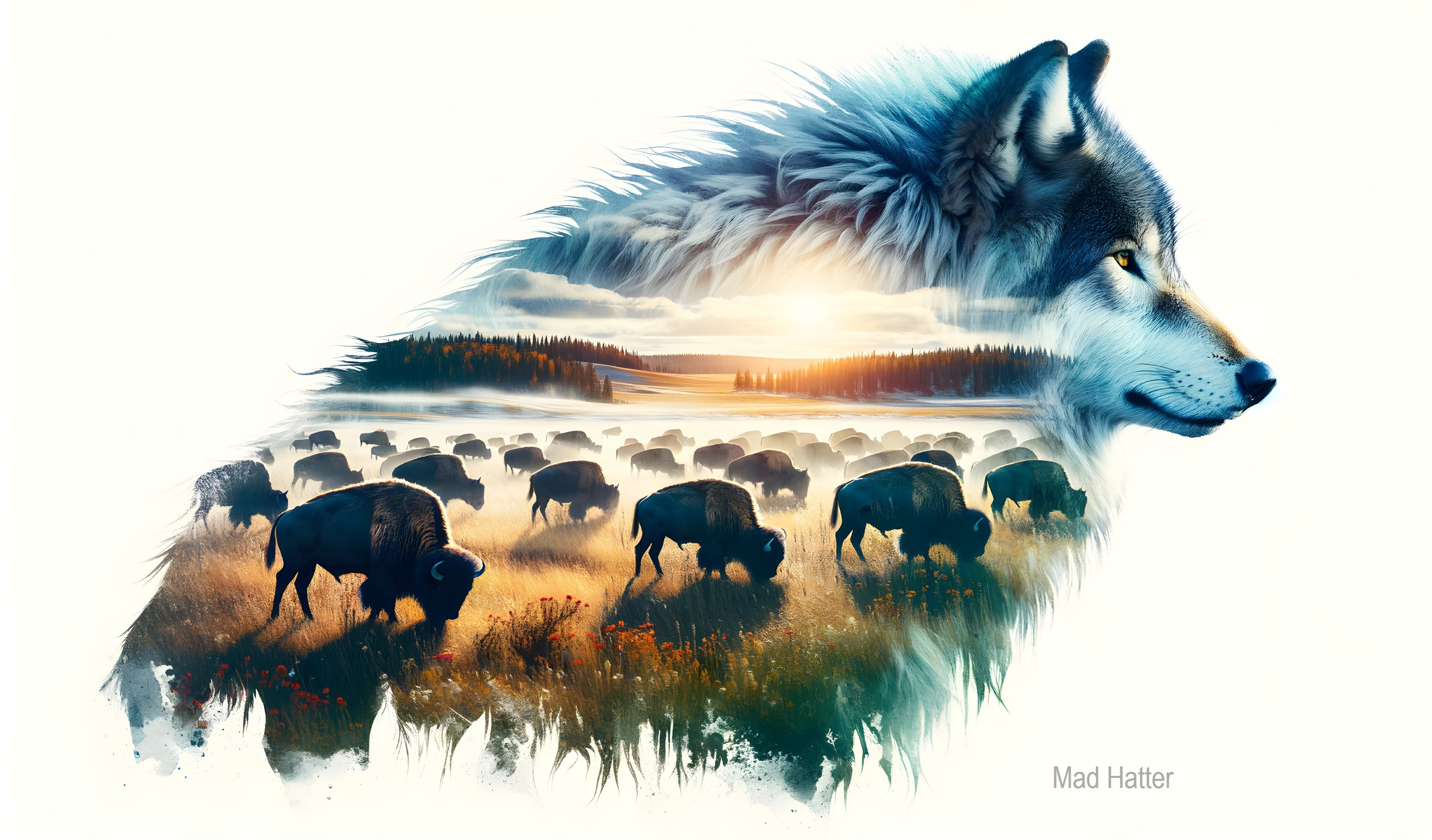 Wolf's Head Over Bison Landscape with Sunset and Forest