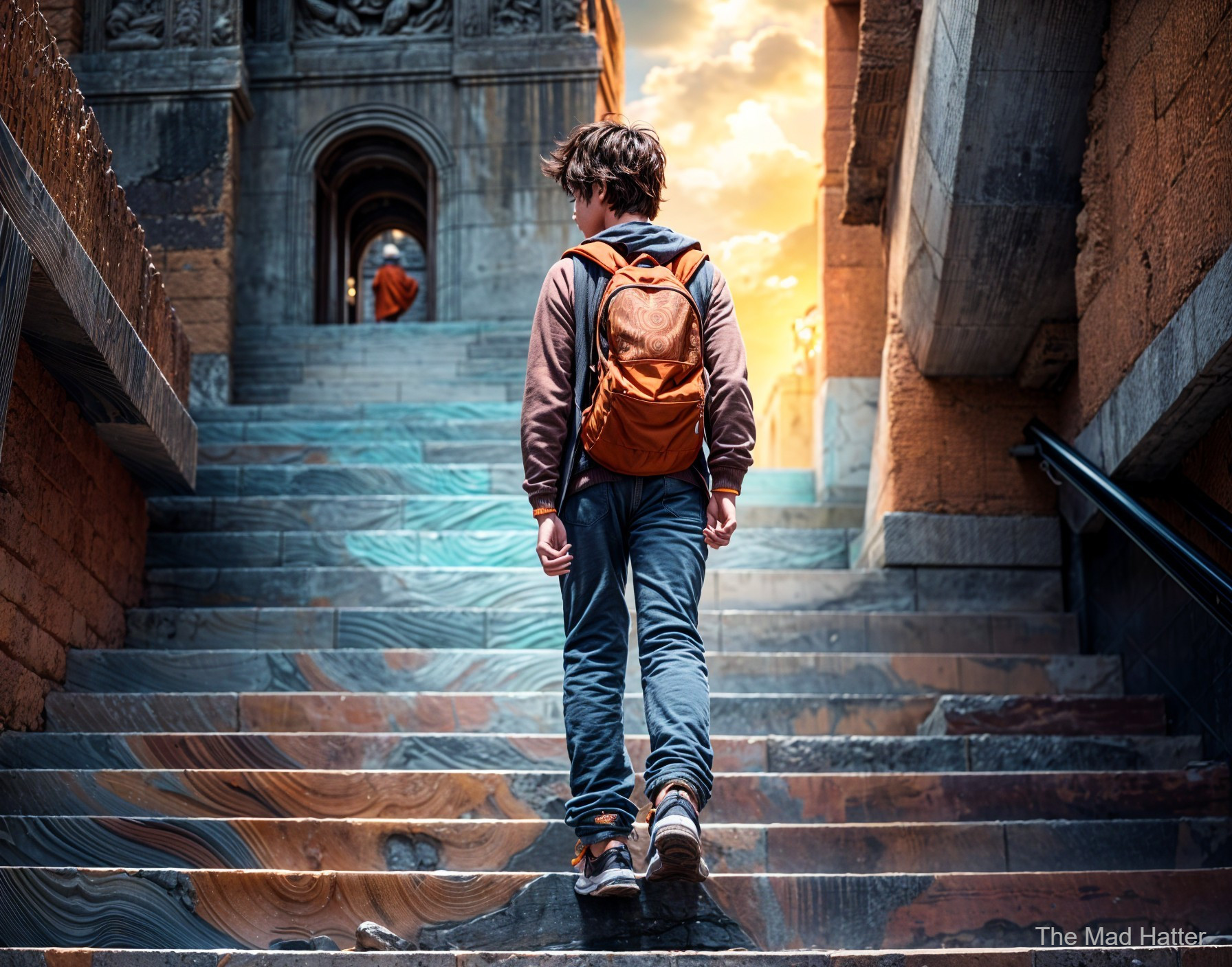 Young Person Climbing Colorful Stone Steps at Sunset