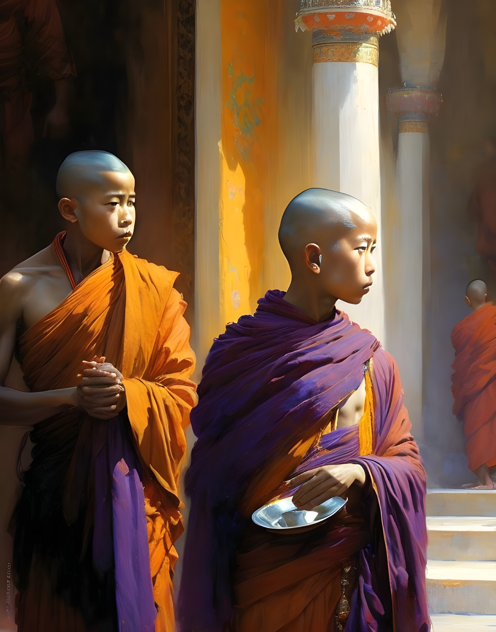 Young Monks in Vibrant Robes in Sunlit Temple