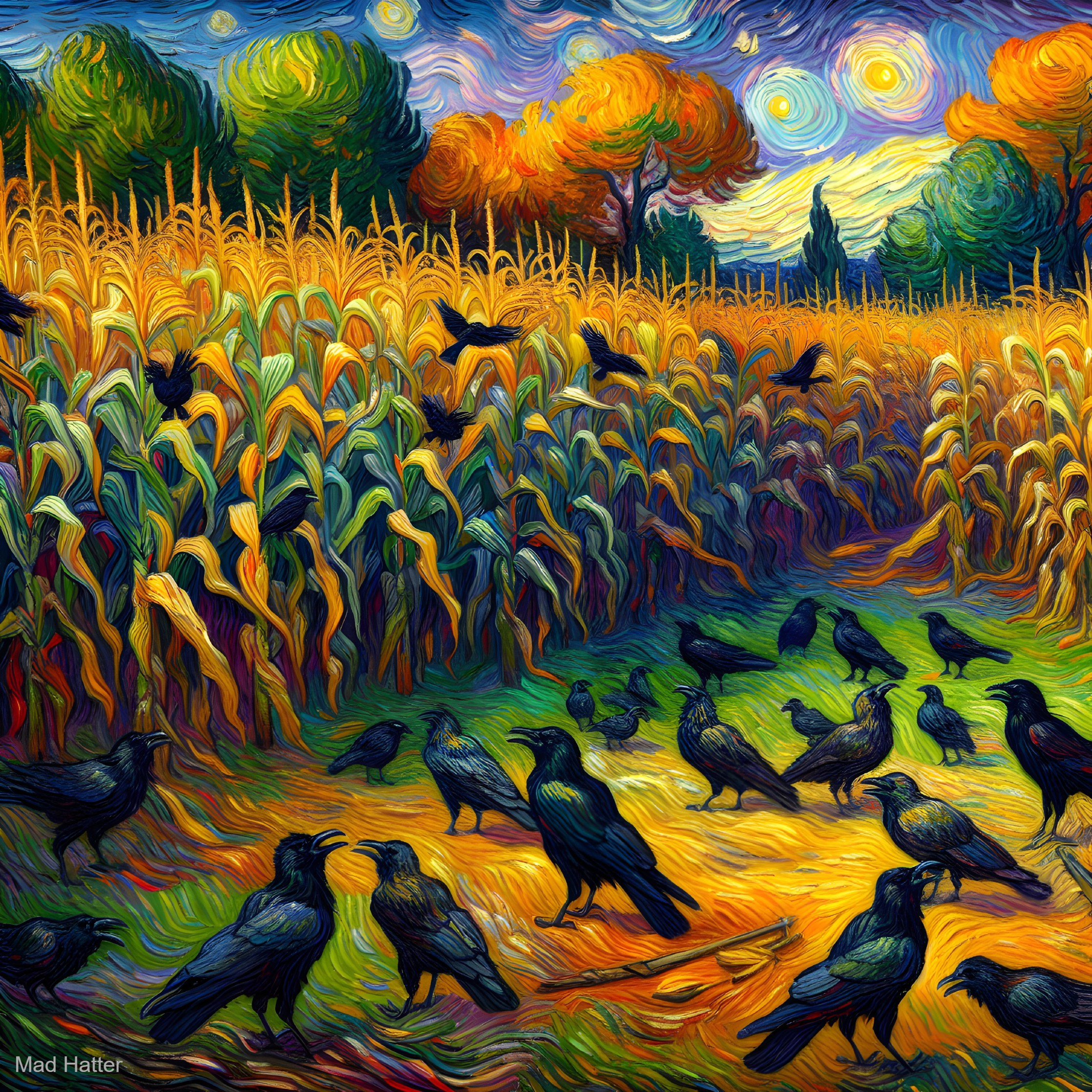 Golden Cornfield Under Starry Sky with Crows