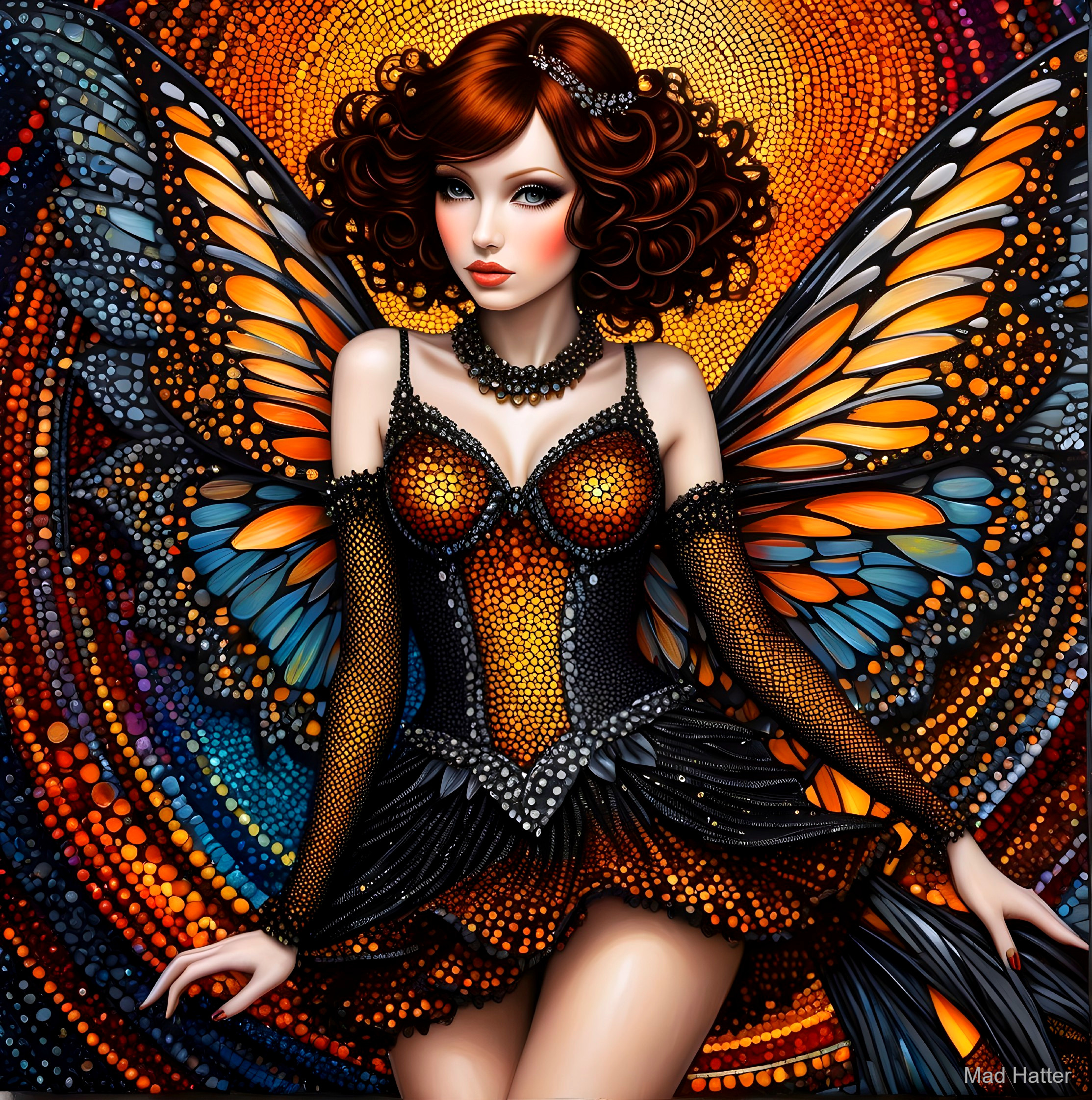 Figure with Butterfly Wings and Colorful Mosaic Background