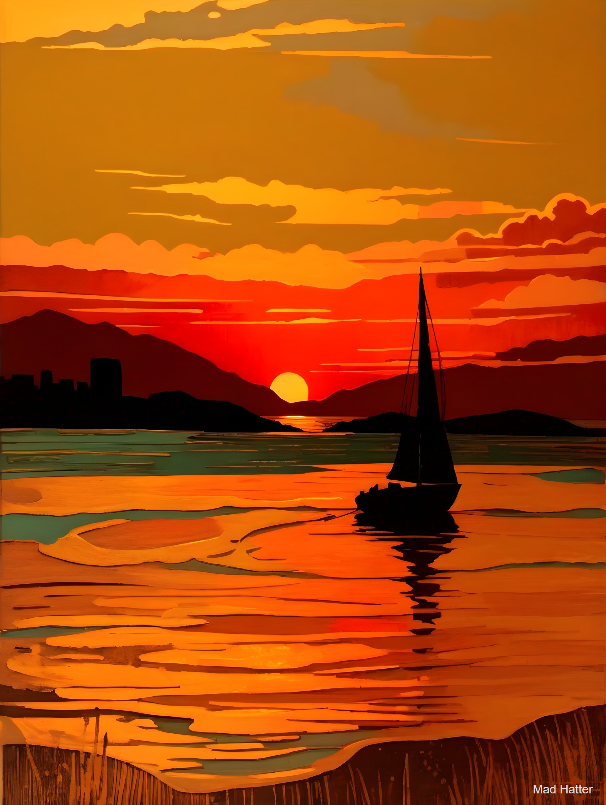 Vibrant Sunset Over Water with Silhouetted Mountains