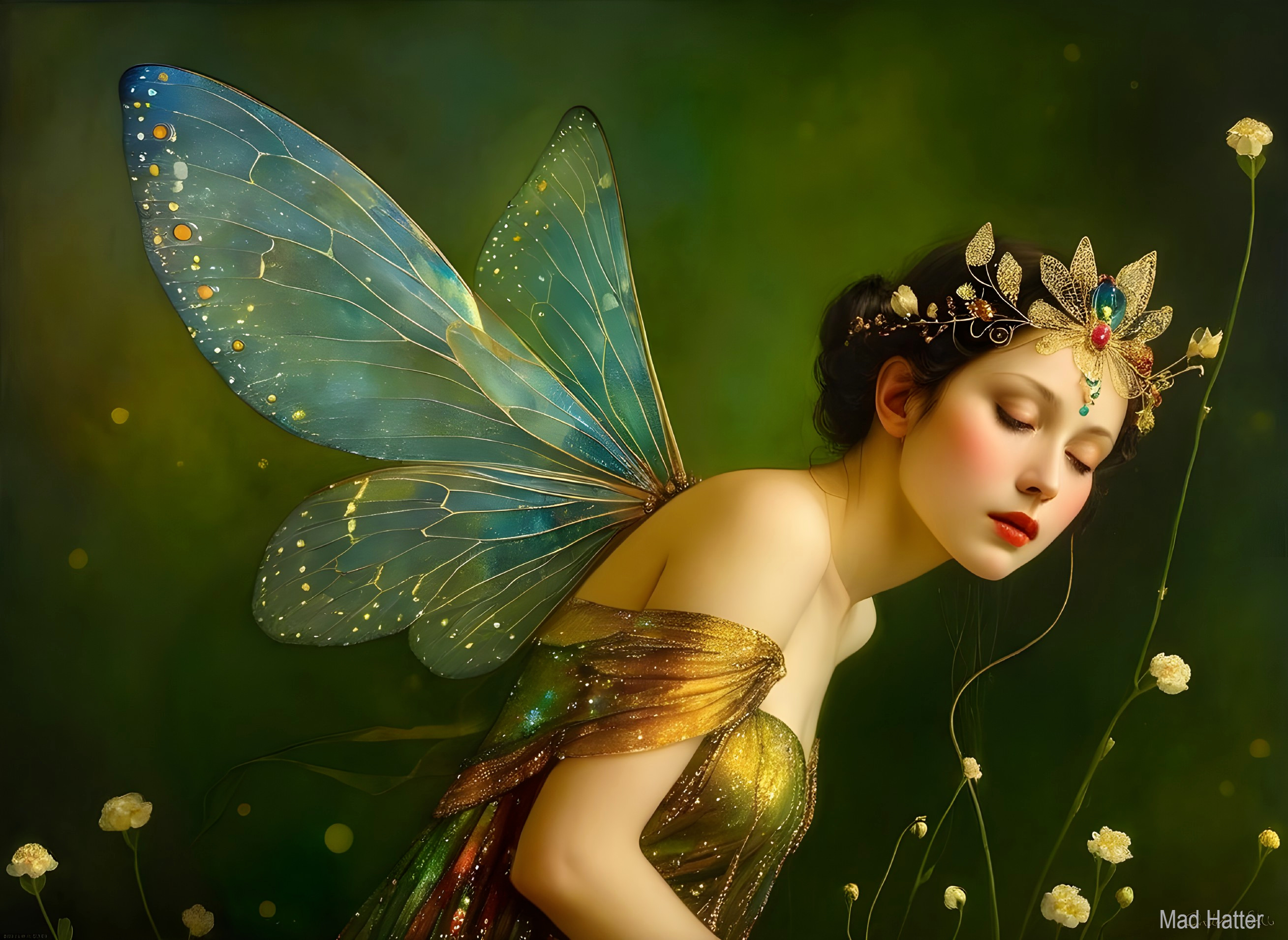 Woman with Butterfly Wings in Enchanting Setting