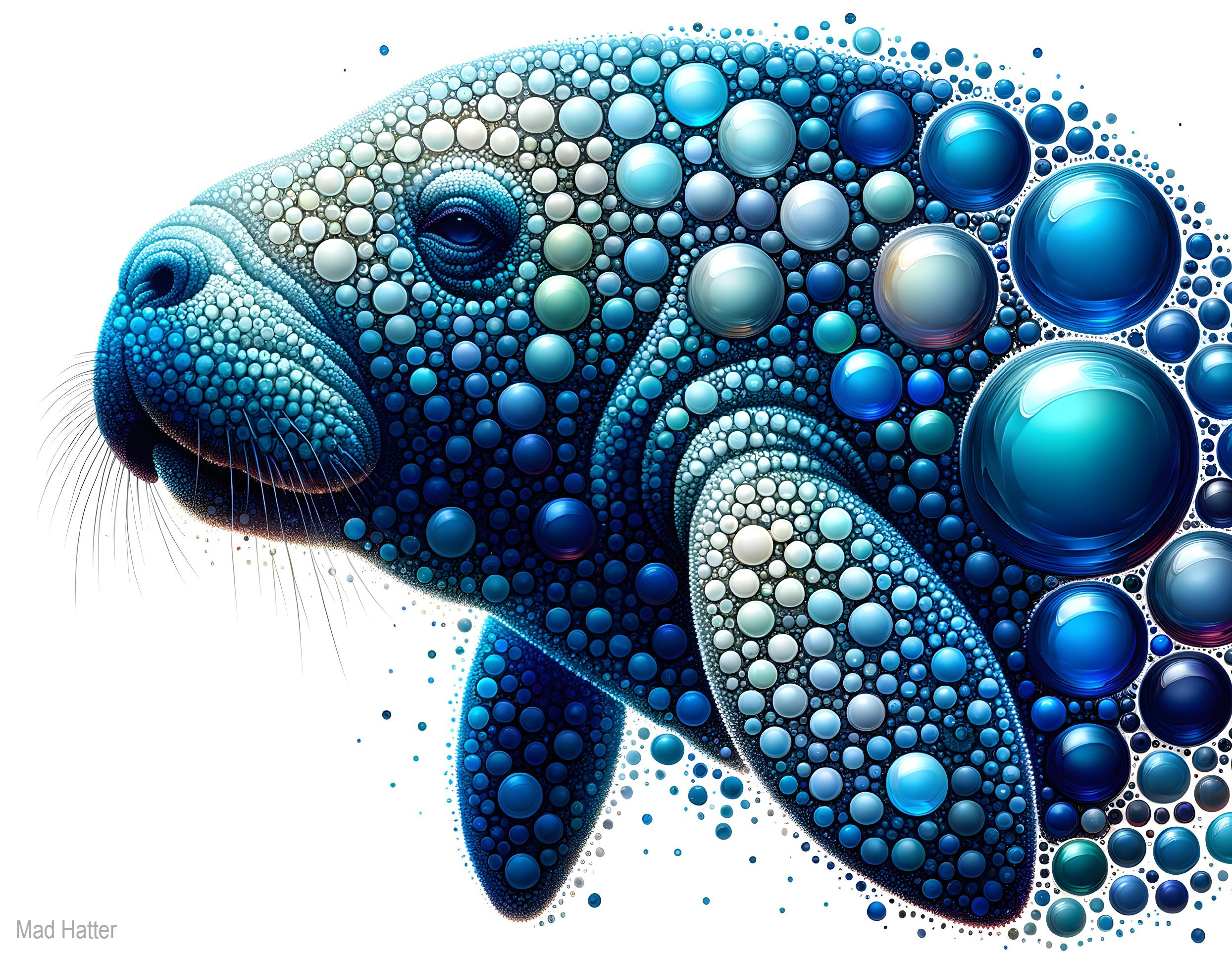 Artistic Manatee Design in Blue and Turquoise Bubbles