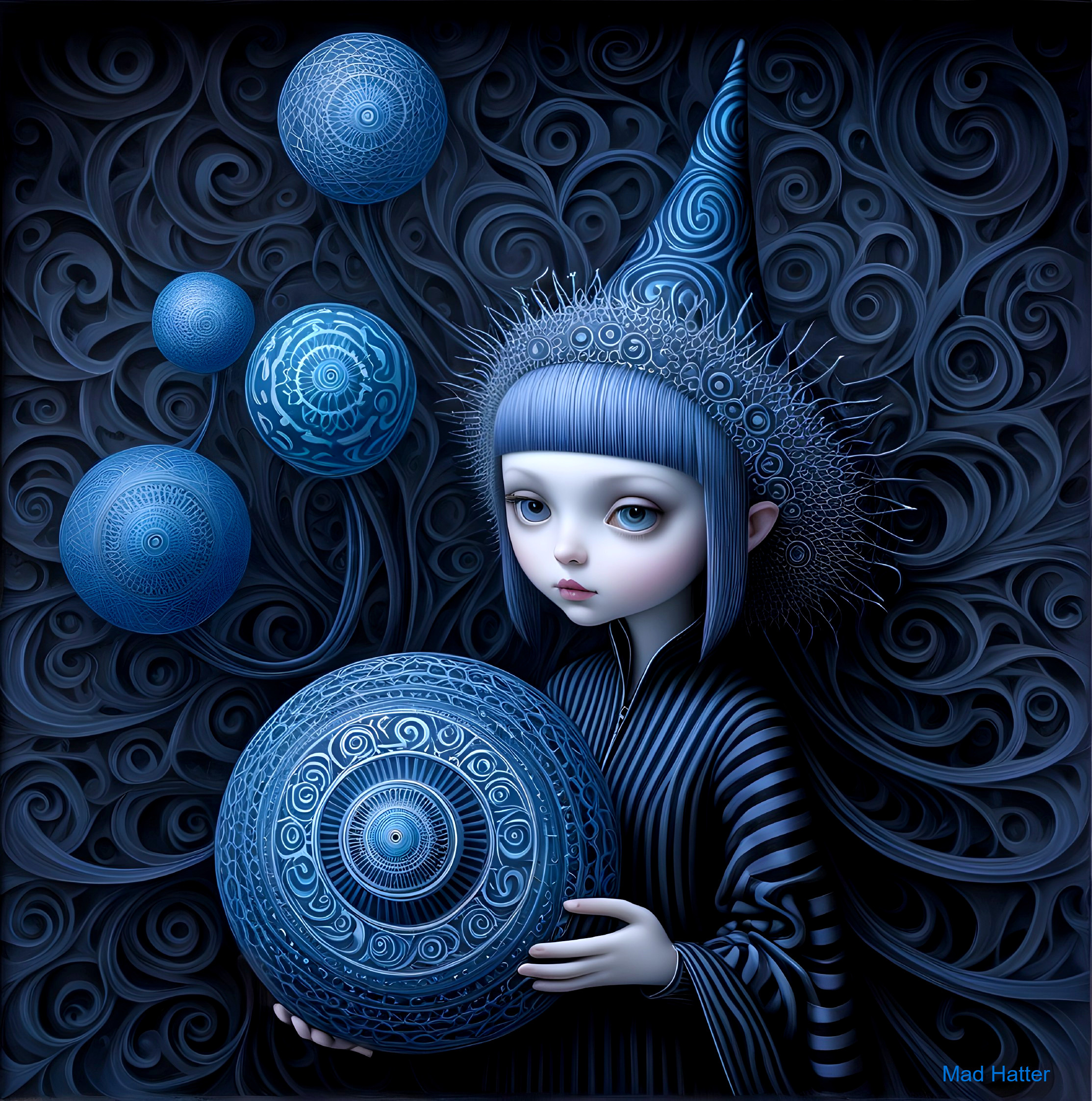 Young girl in blue robes with intricate spheres
