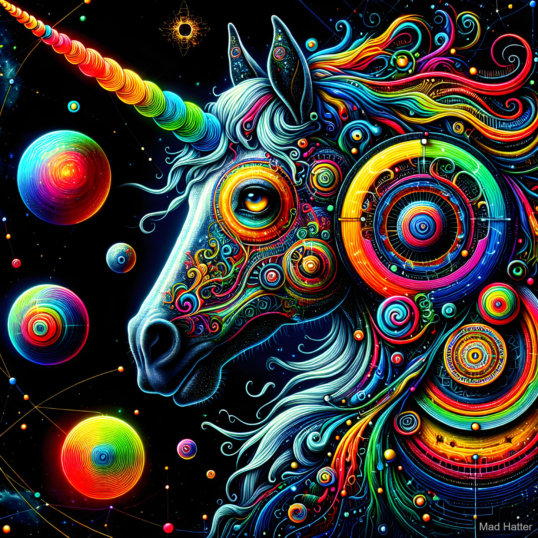 Psychedelic Unicorn Against Cosmic Background