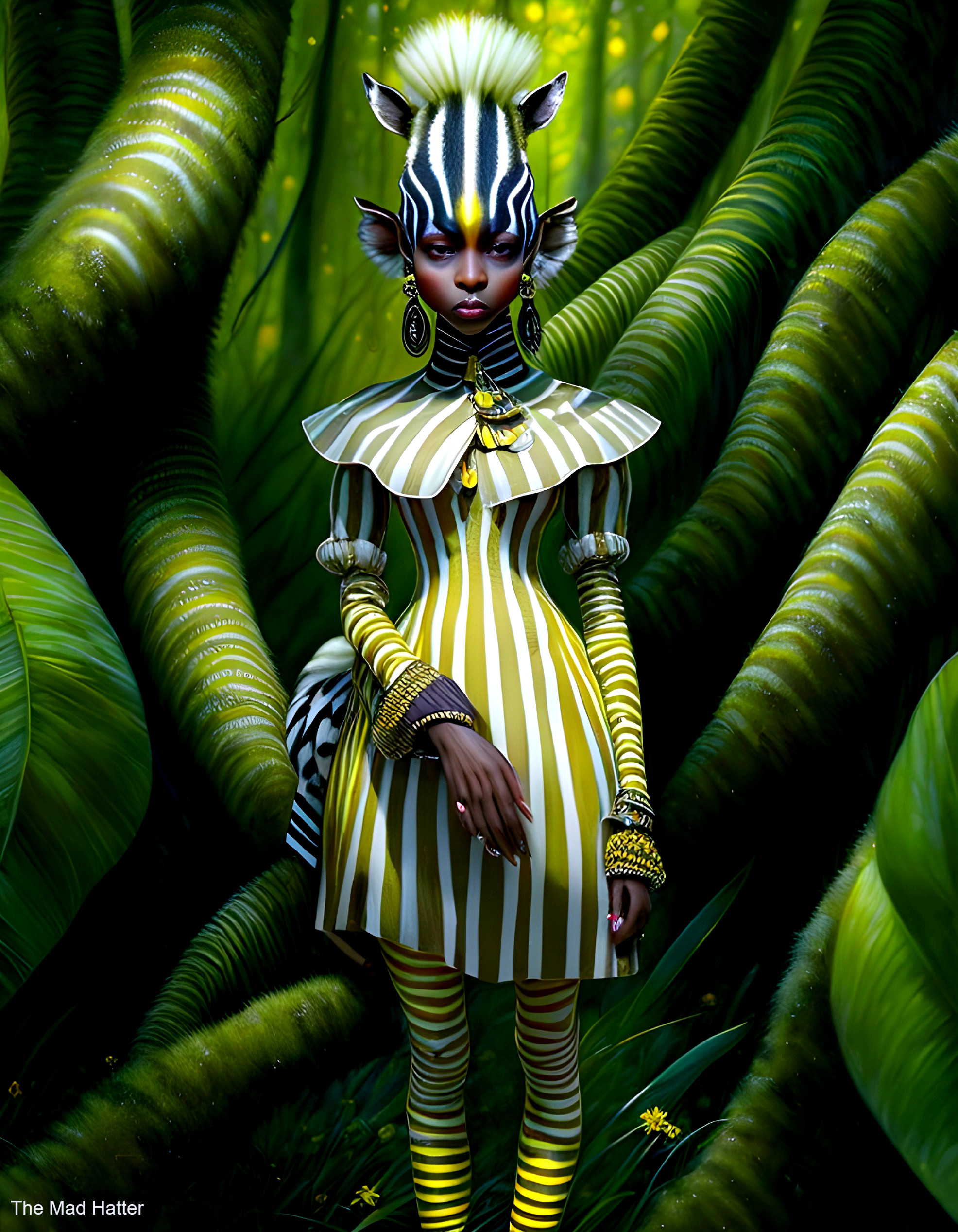Whimsical Figure in Striped Dress Surrounded by Greenery