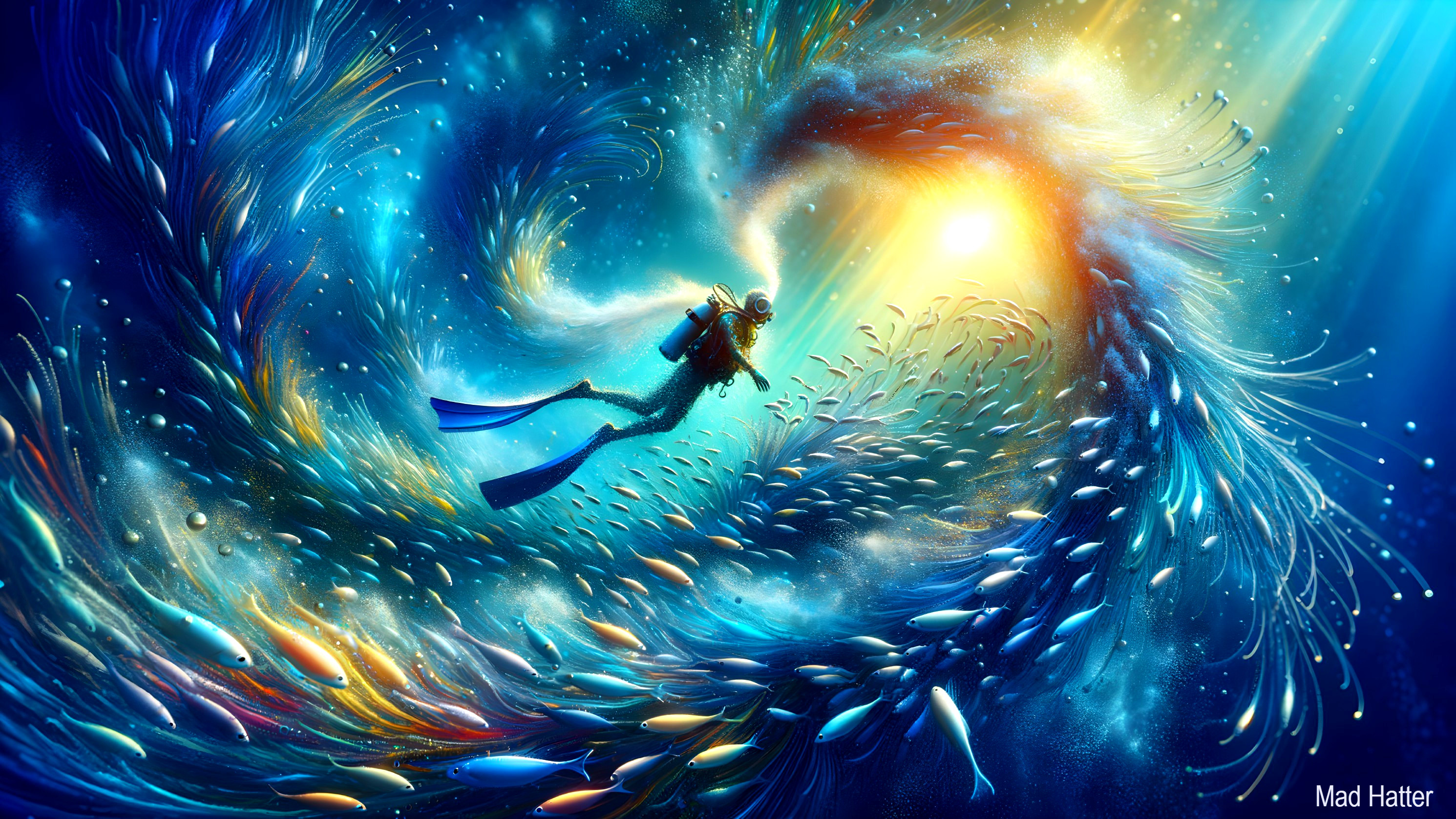 Underwater Scene with Diver and Colorful Fish Schools