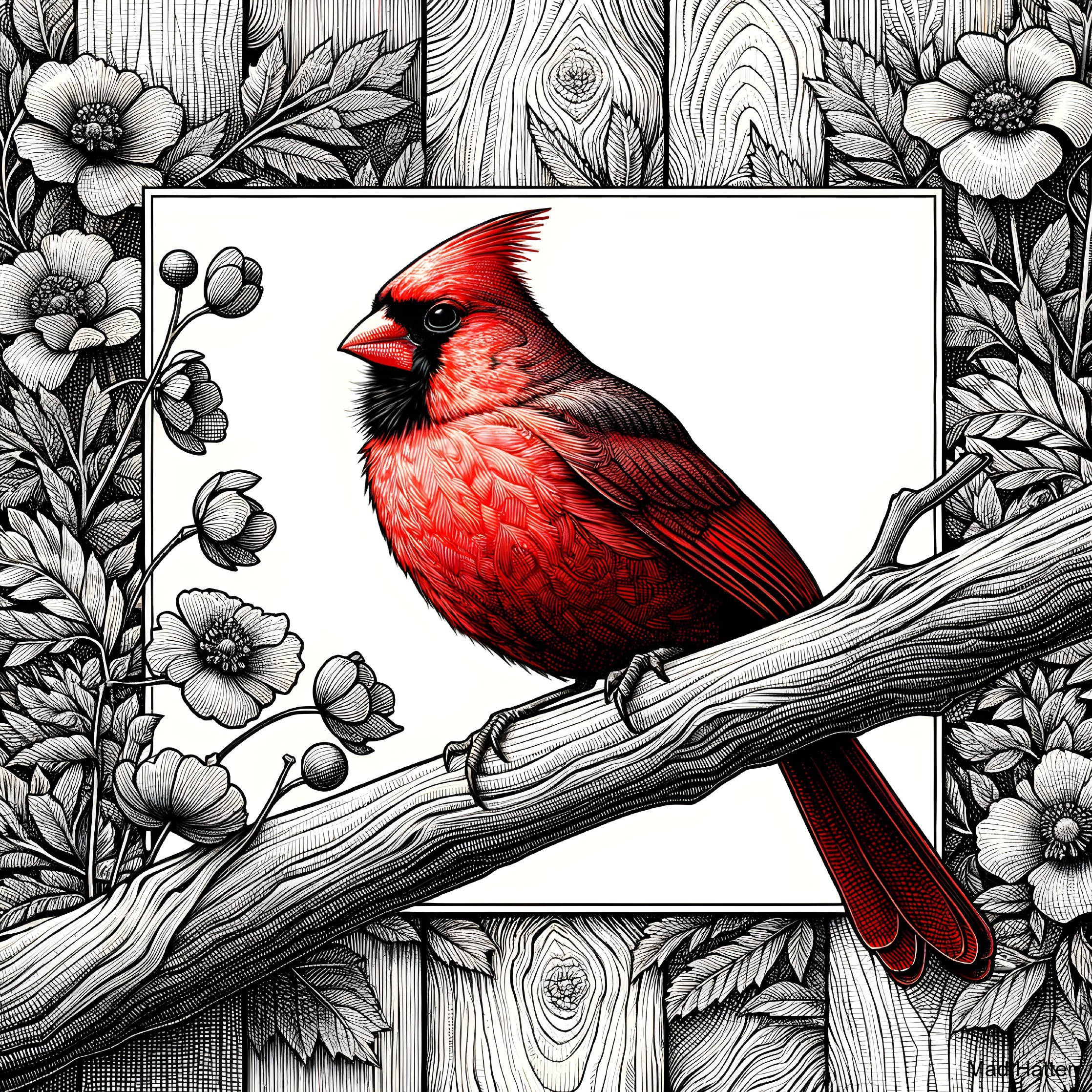 Red Cardinal on Branch with Floral Background