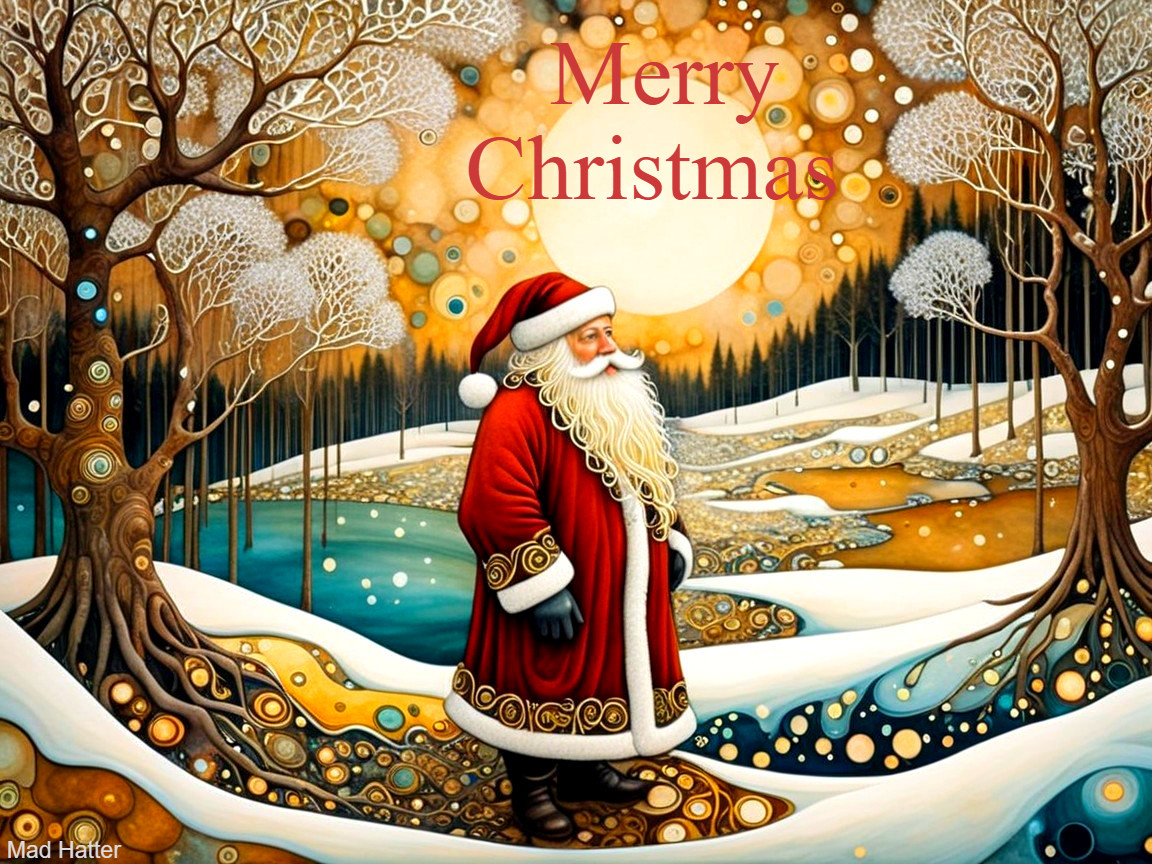 Whimsical Winter Landscape with Santa Claus and Trees