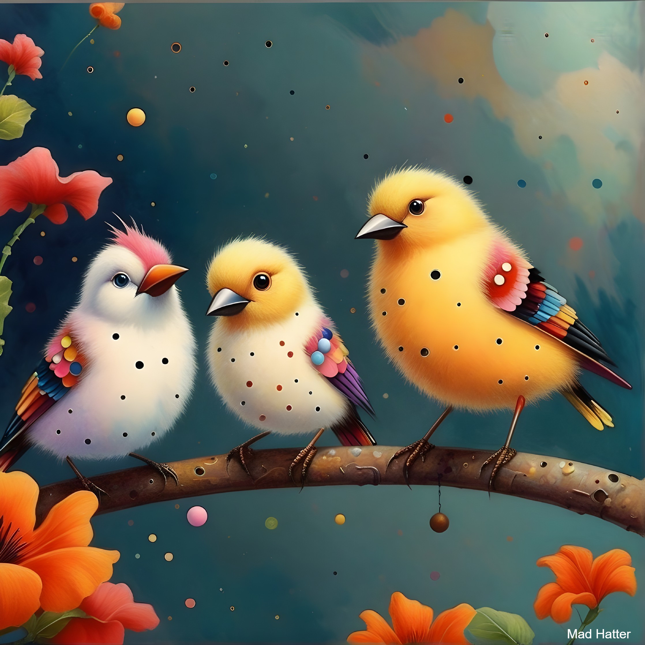 Colorful Cartoon Birds on a Branch with Whimsical Background