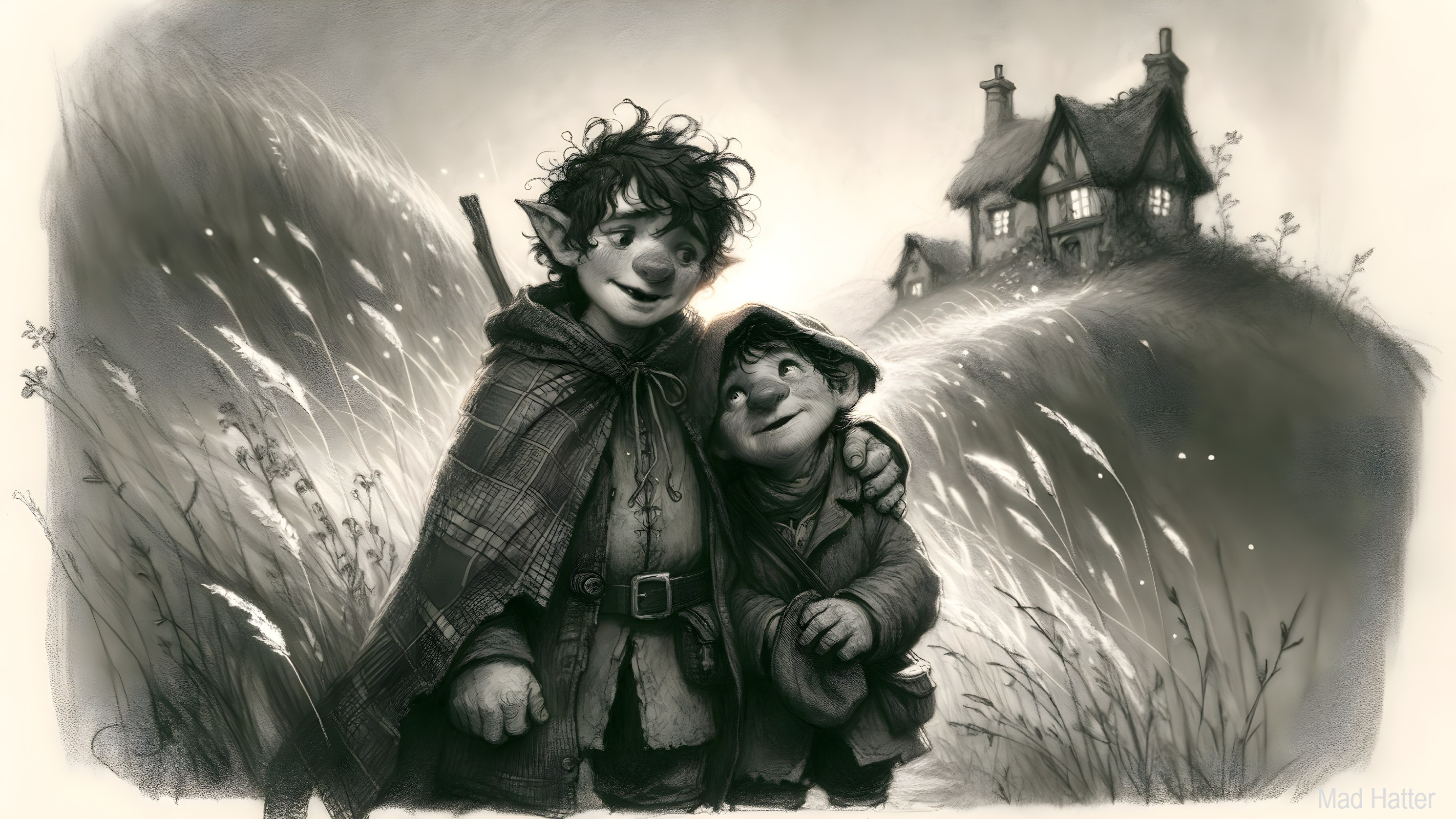 Whimsical Monochromatic Landscape with Cheerful Characters