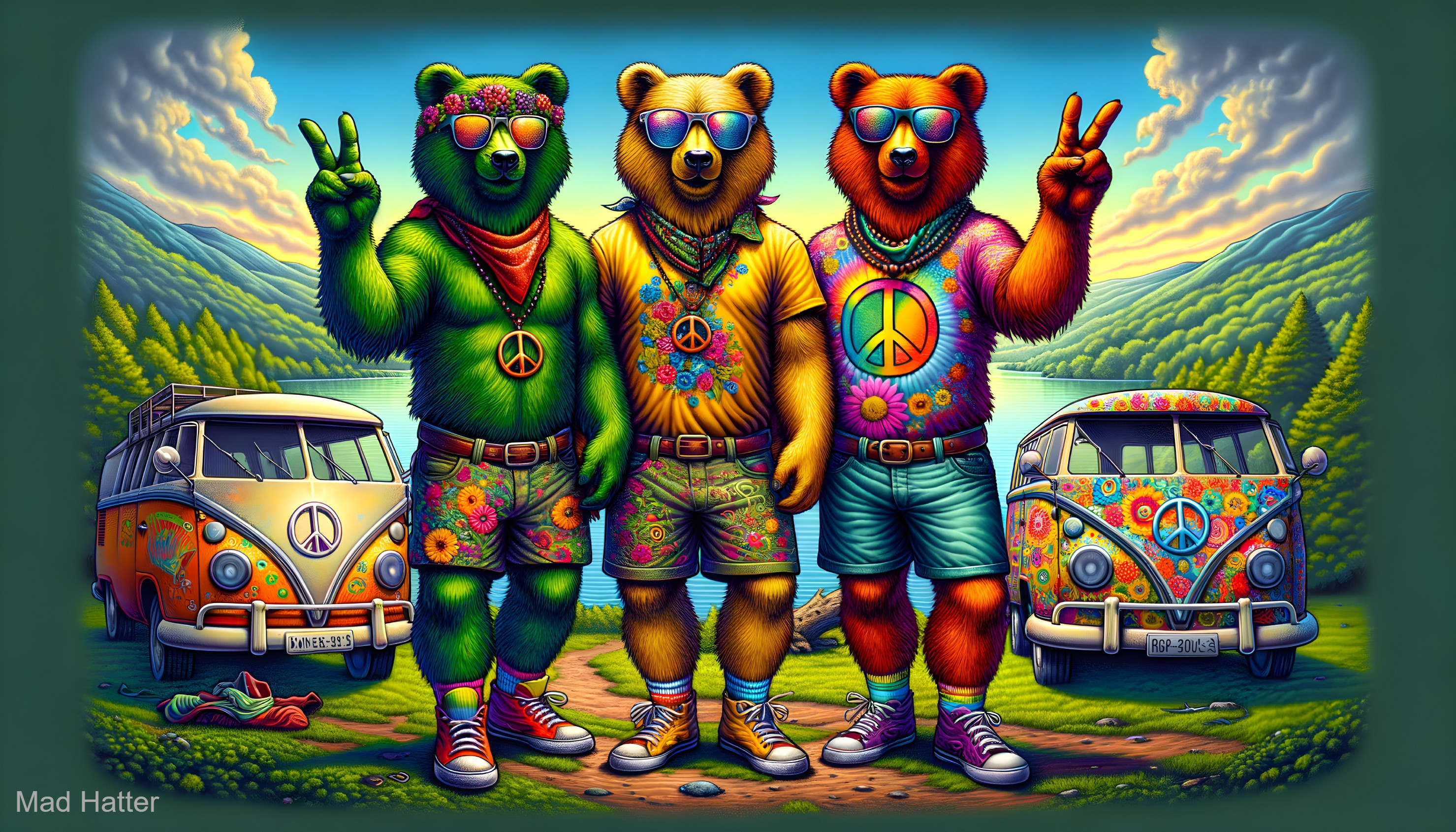 Colorful Bears in Peace-Themed Lake Scene