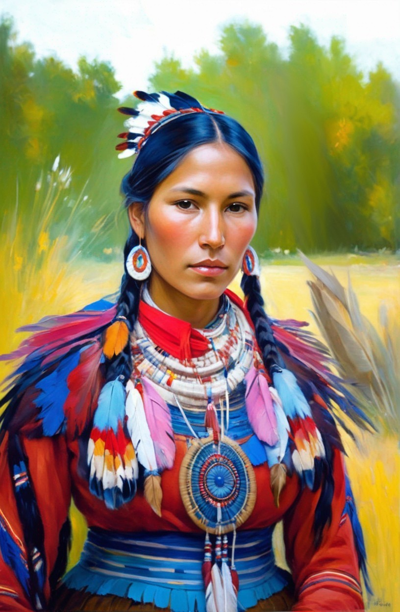 Native American woman painting with braided hair and traditional attire in golden field