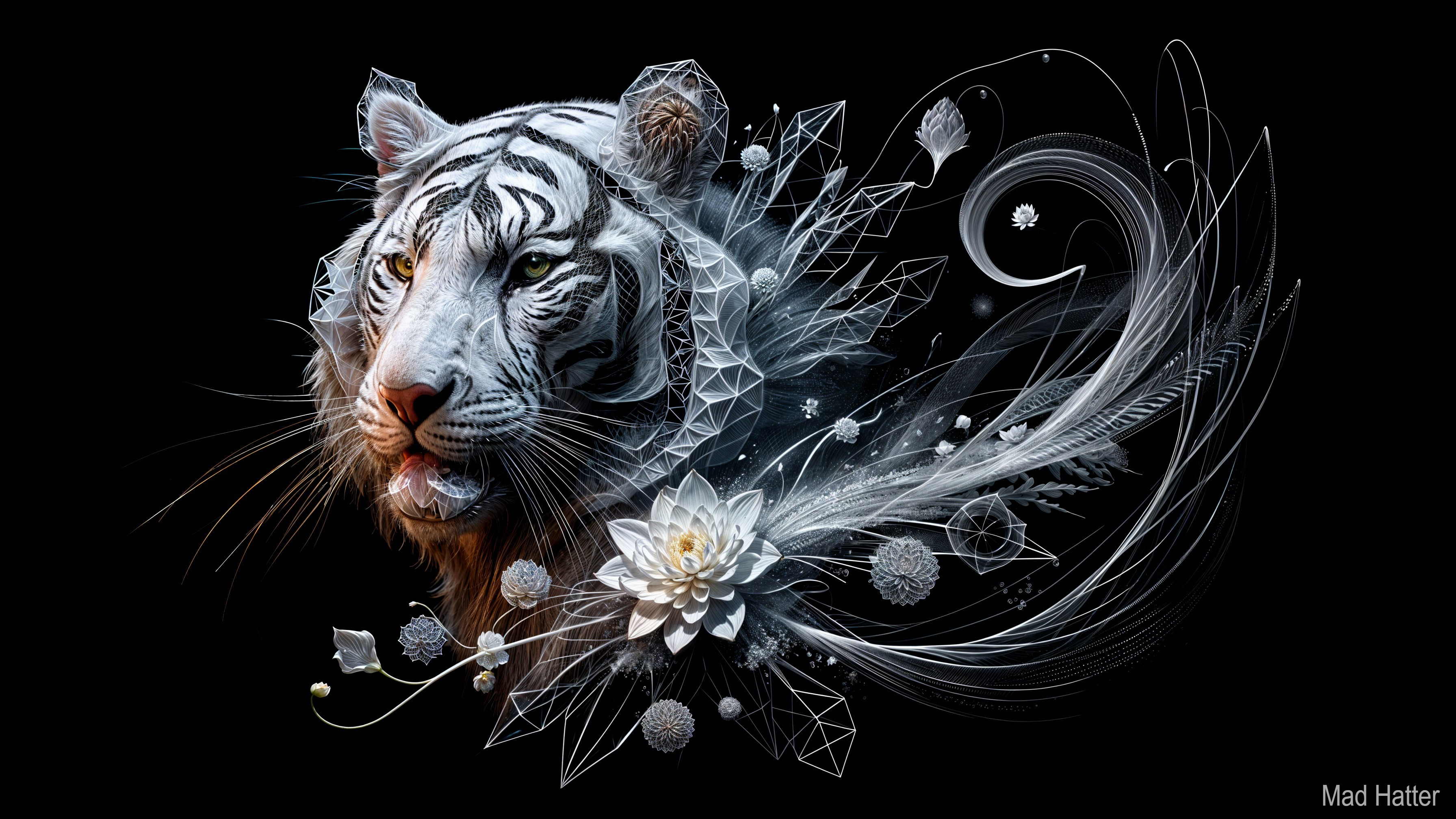 Majestic White Tiger with Geometric and Floral Elements