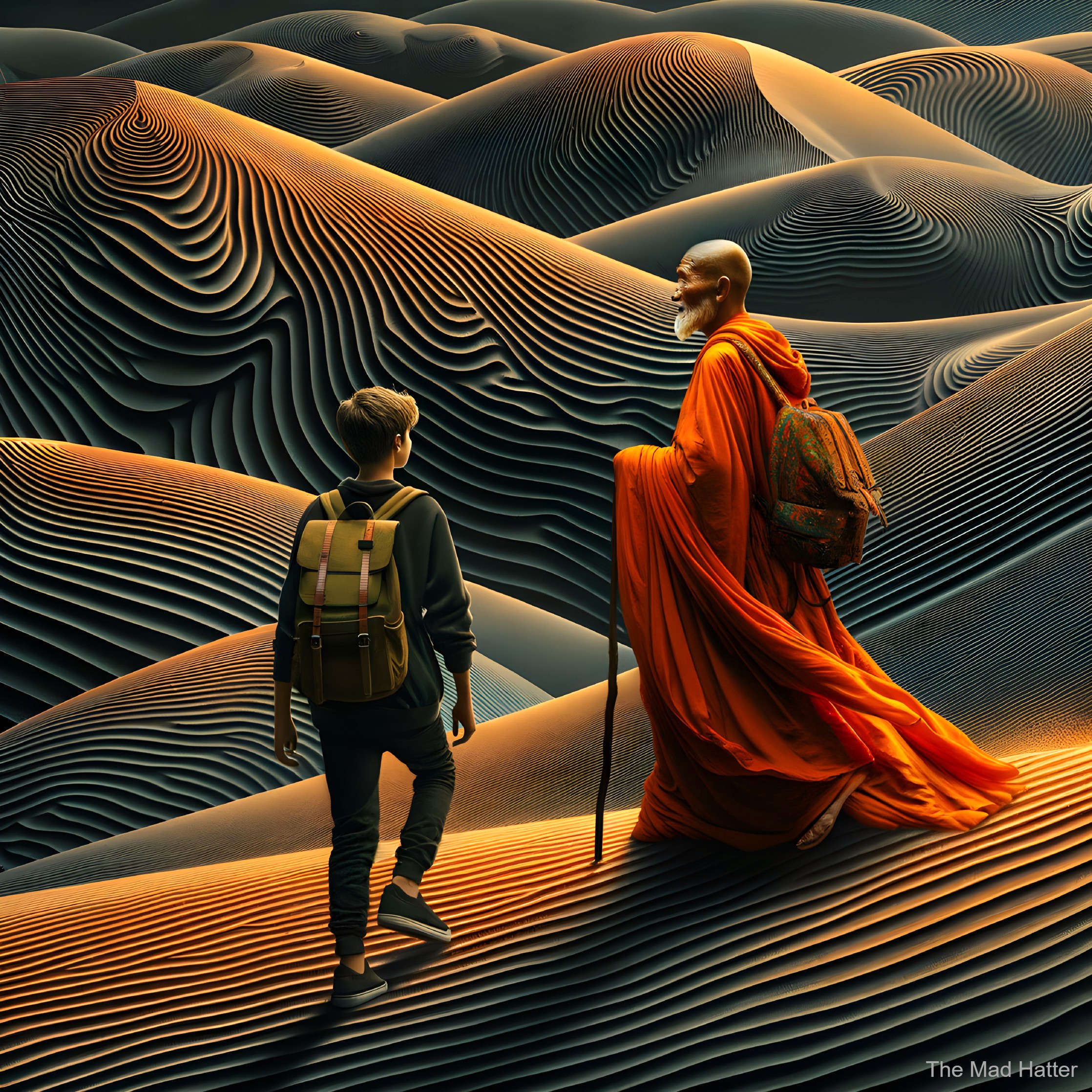 Surreal Landscape with Monk and Young Traveler